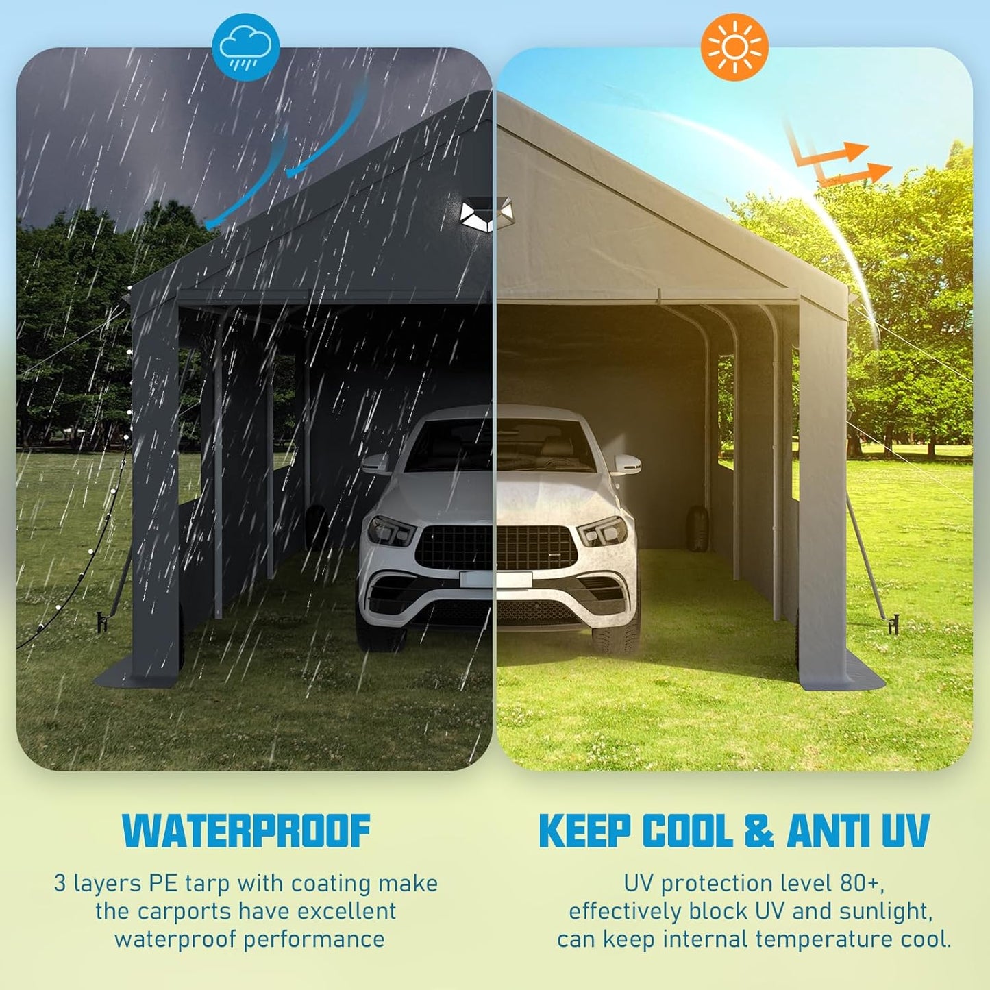 10x20 Carport Canopy, Heavy Duty Car Port, Portable Car Ports Garage with 2 Roll-Up Zipper Drive Through Doors, Grey
