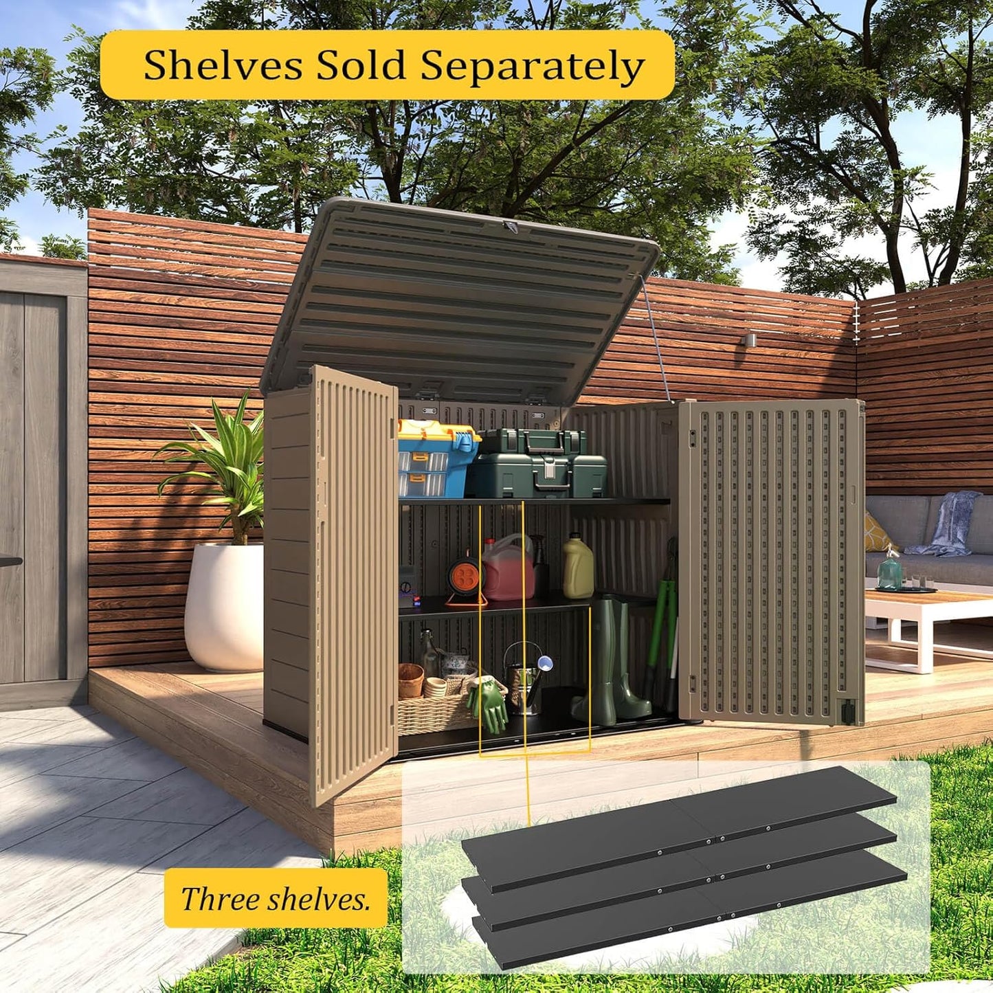 HOMSPARK Storage Shed Weather Resistance, Multi-Purpose Outdoor Storage Cabinet Waterproof, Outdoor Storage Cabinet for Bike, Garbage Cans, Lawnmower, Garden Accessories (coffee, Extra Large-48 cu ft)