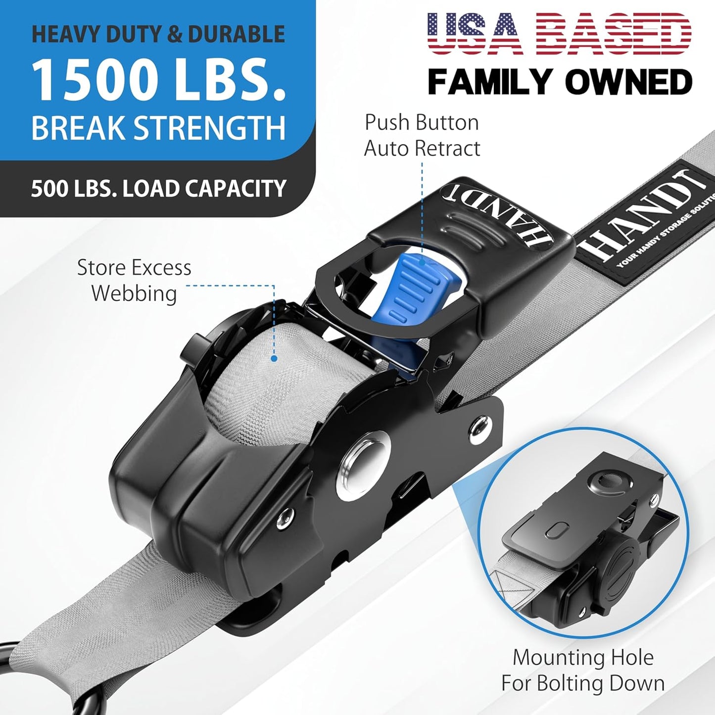 HandT USA Based Retractable Ratchet Straps (4PK) 1in x 6ft - 1,500lb Break Strength, Heavy Duty Automatic Ratchet Straps Self Retractable Tie Down, Push Button Retracting Truck Trailer Cargo | Gray