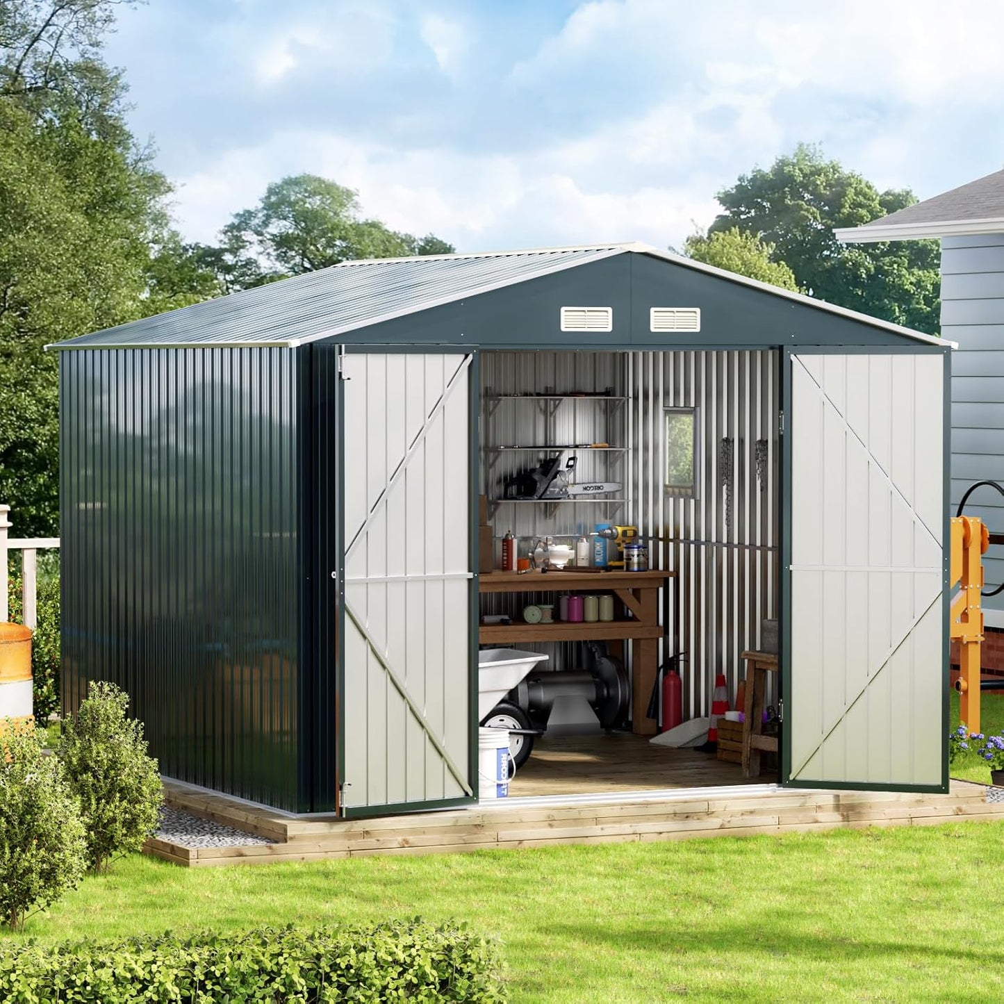 10X10FT Outdoor Steel Storage Shed with Lockable Doors, Ideal for Garden, Backyard, and Patio Utility and Tool Storage