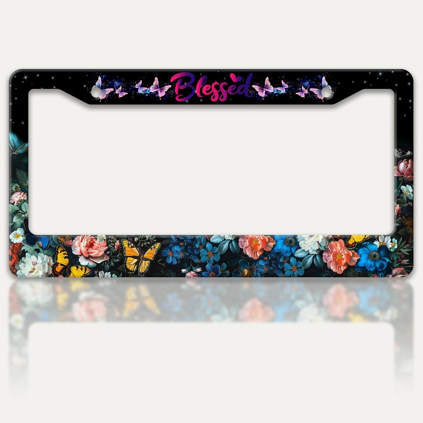Blessed License Plate Frame Beautiful Butterfly Flowers License Plate Holders Funny Stainless Steel Auto Accessory Bracket 2 Hole with Screws Universal Us Car License Plate Frames 6x12 Inch