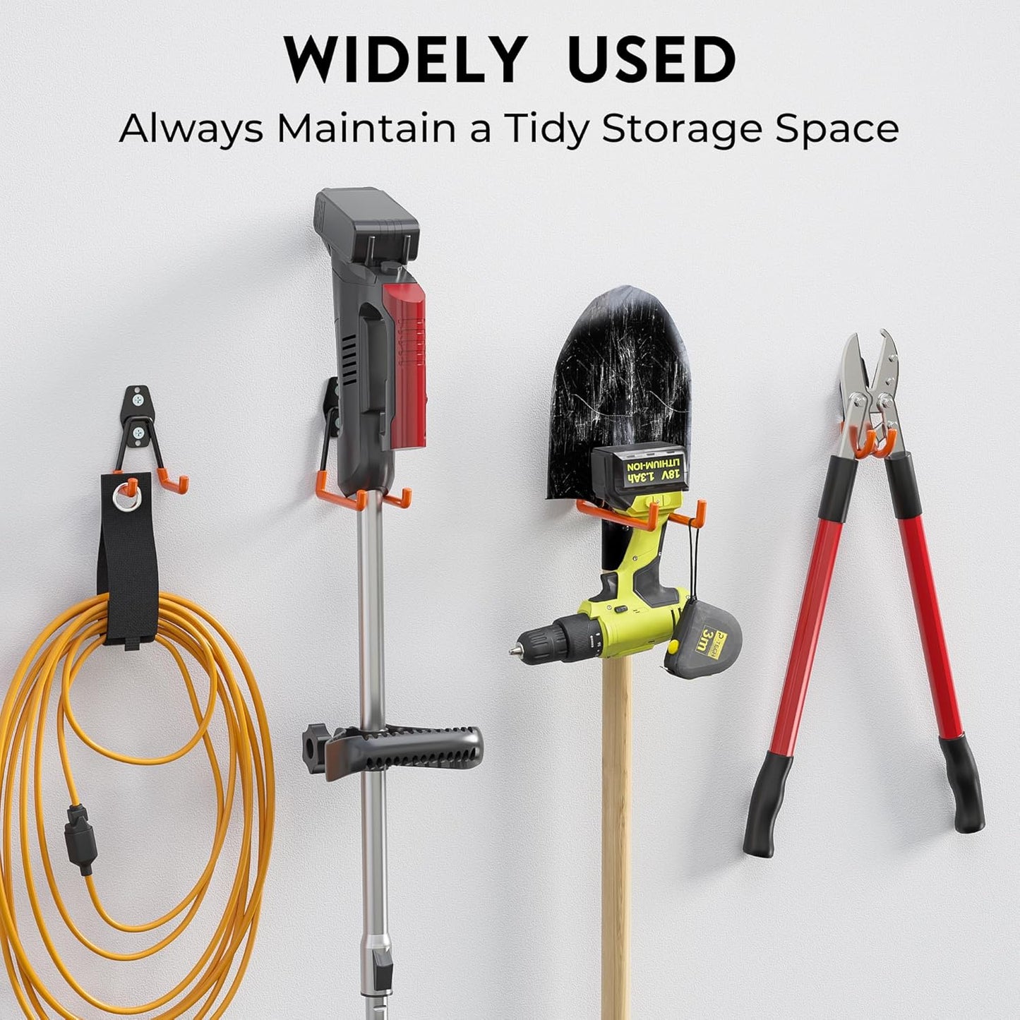 BONTEC Heavy Duty Garage Hooks, Anti-Slip Coated Black Steel with Strong Load Capacity, Multi-Sized U and J Hooks, Easy Wall Mount for Garage, Garden, Workshop (Orange, 14 Pack)