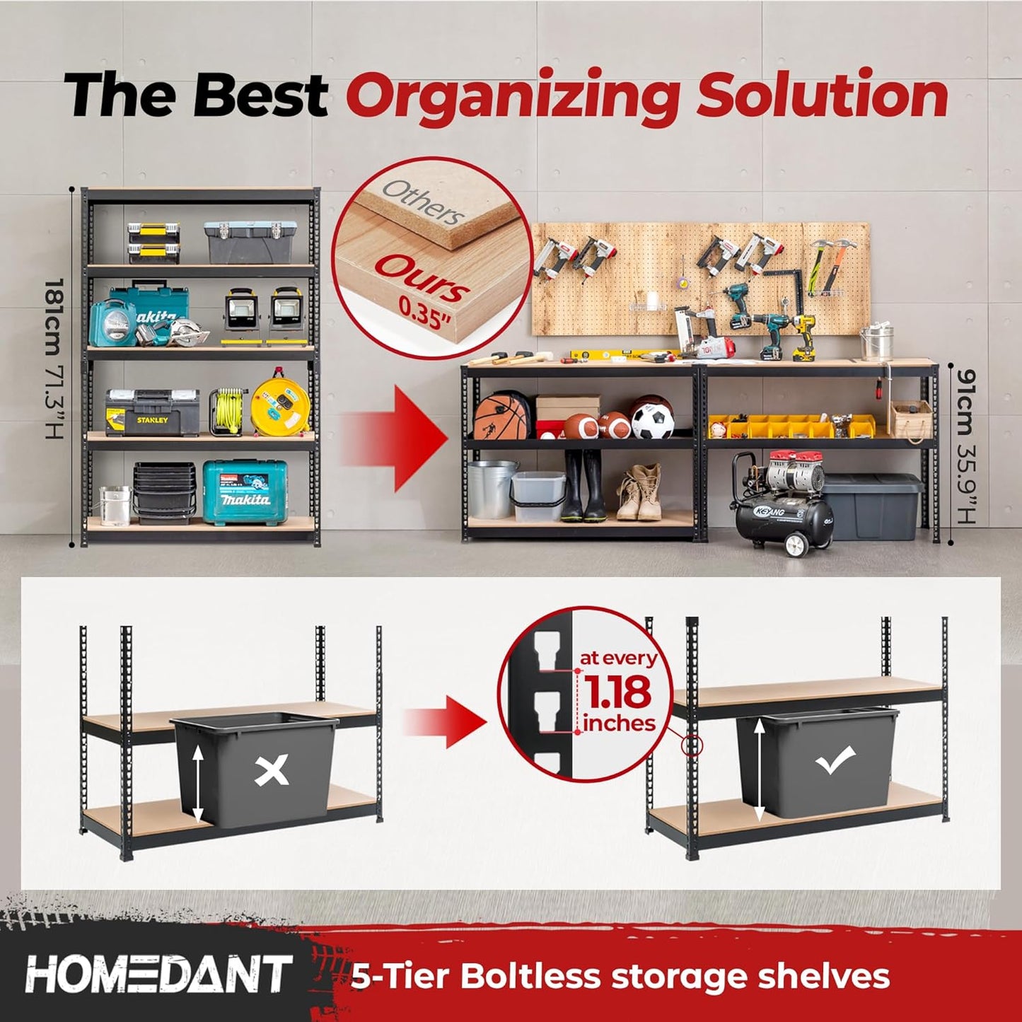 HOMEDANT 5 Tier Laminated Boltless Heavy Duty Garage Storage Adjustable Wide Size Metal Shelving Unit Utility Rack Shelves Organization Multipurpose Shelf Shed Warehouse 47.7"W x 24.1"D x 71.3"H 3Pack