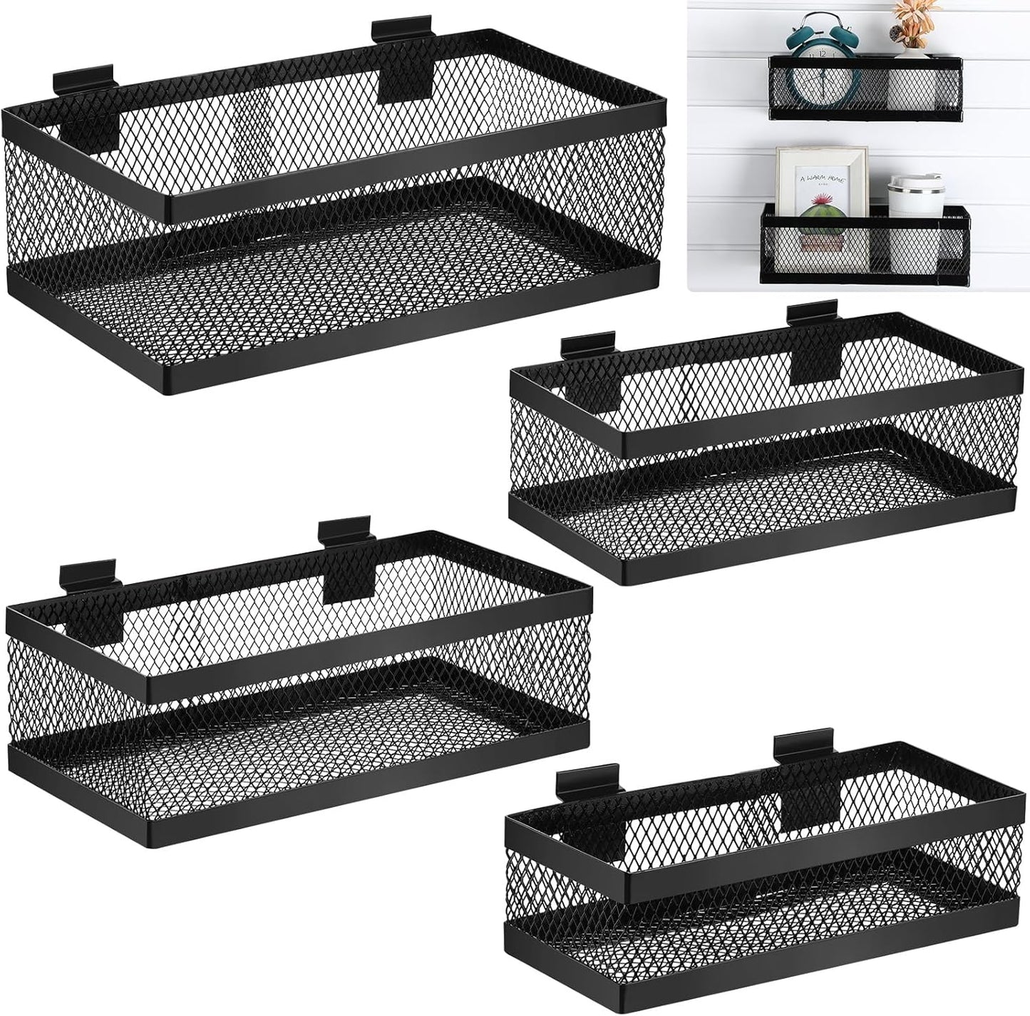 Coume 4 Pcs Black Slatwall Baskets 4 Size Metal Mesh Wire Basket for Slatwall Panels Ventilated Wall Mounted Hanging Accessories for Home Garage Retail Store Display Organizing(Mixed Size)