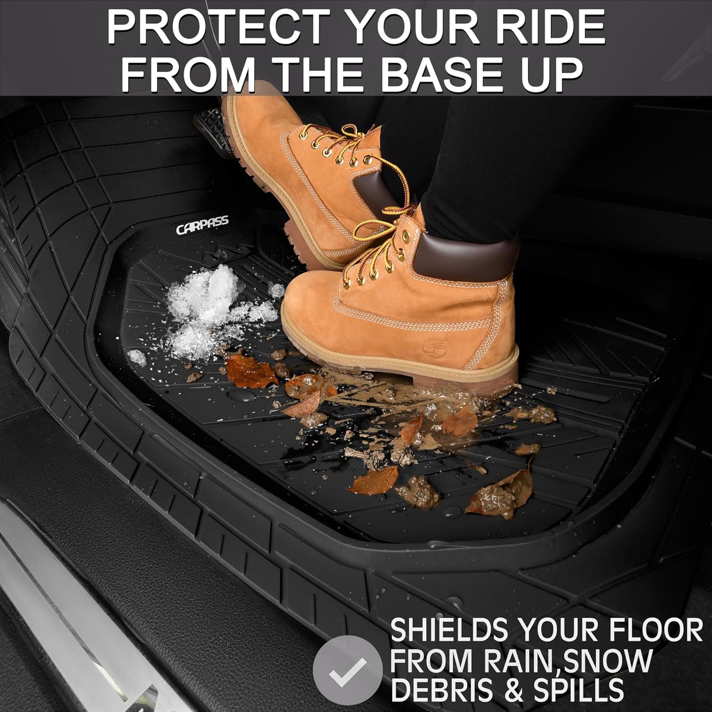 CAR PASS Rubber Leather Steering Wheel Cover Large-Size 15.5-16 Inches Fit for Truck SUV Large Car Ram F150 Tundra 4Runner Tacoma, XXL Heavy Duty Deep-Dish Car Floor Mats, Trim-to-Fit Car Mat Black