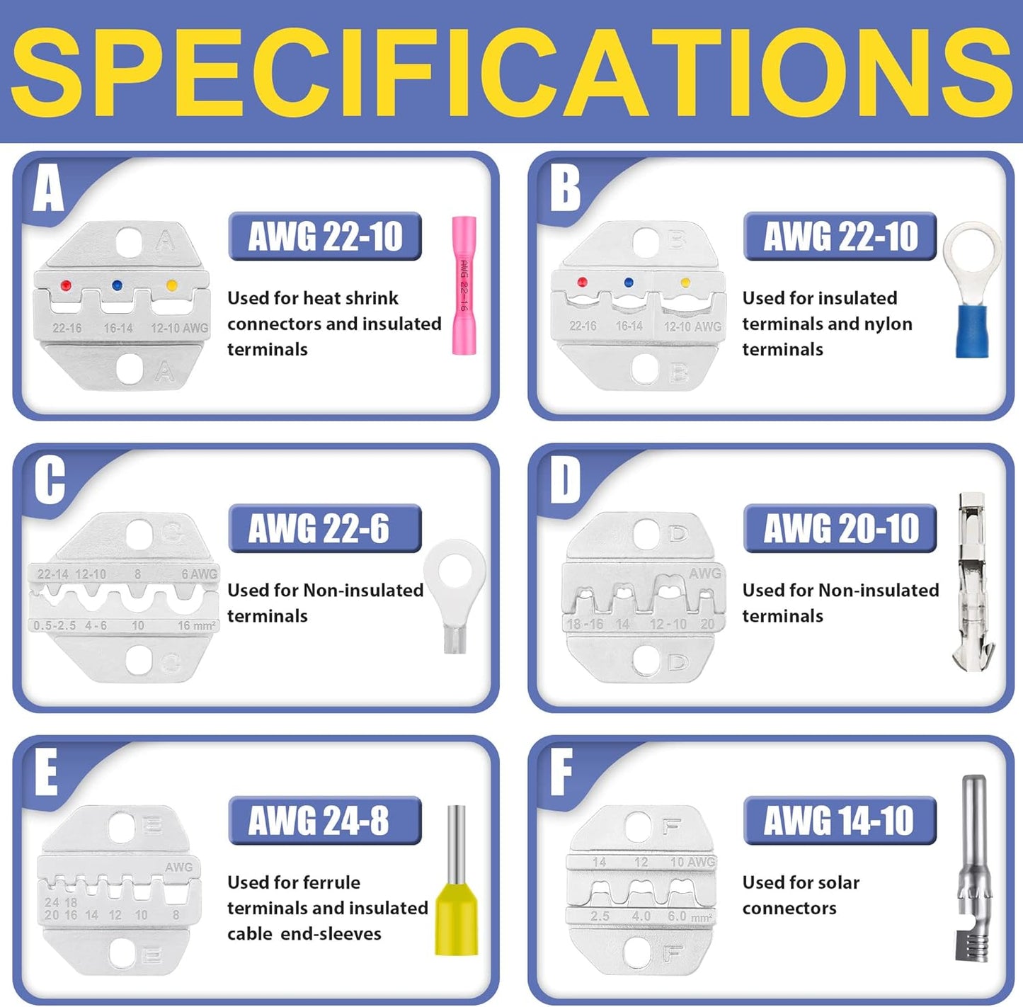 haisstronica Crimping Tool Set - 6PCS Crimping Die for Heat Shrink,Insulated Nylon,Non-Insulated,Ferrule Wire End,Open Barrel Terminals,Solar Connectors - with Wire Stripper Tool and Screwdriver
