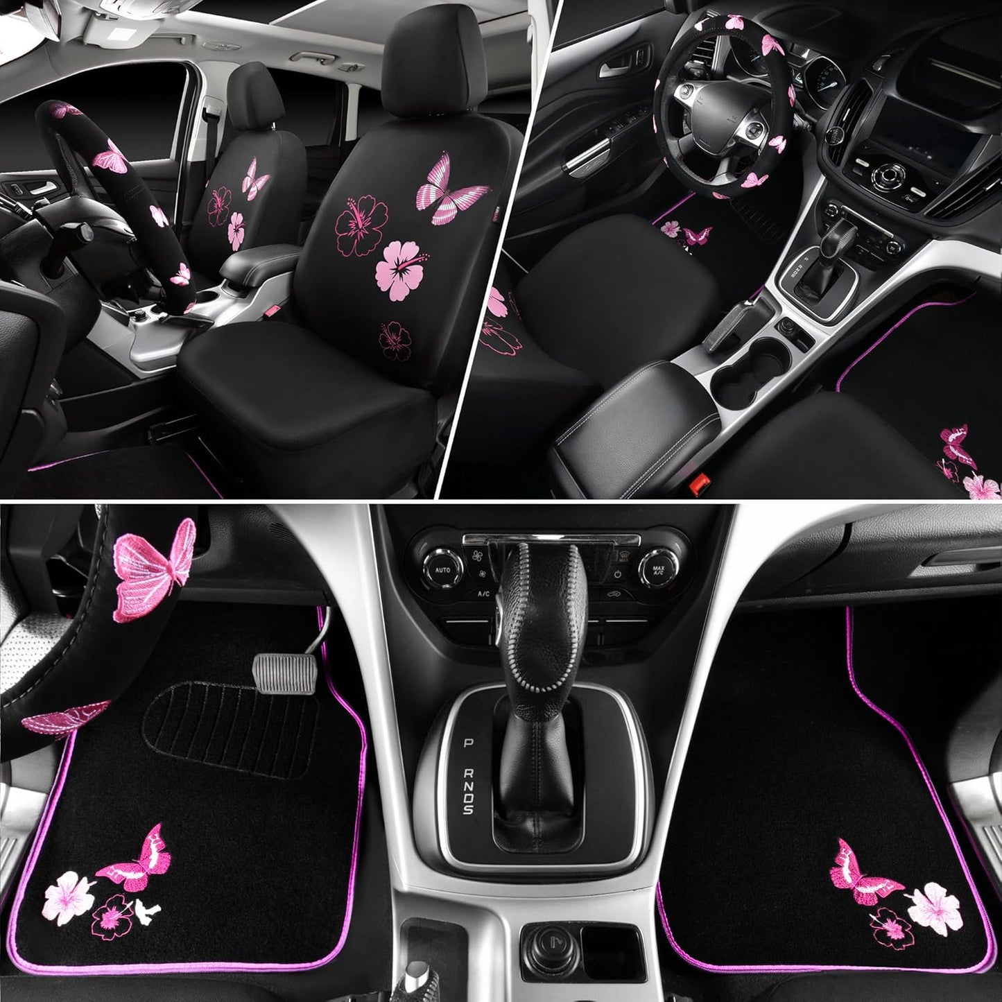 CAR PASS Universal Cloth Butterfly Car Seat Covers Full Set, Embroidered Flower Waterproof Car Floor Mats Carpet, Butterflies Steering Wheel Cover for Car Accessories Interior Sets (Black and Pink)