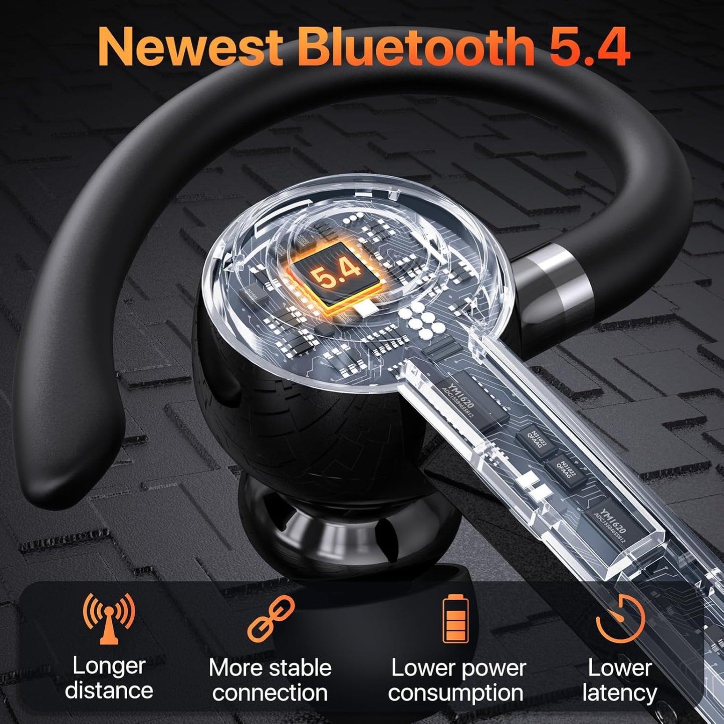 Bluetooth Headset with Microphone,V5.4 Bluetooth Earpiece with Charing Case 150H Standby Time Hands Free Headset with Noise Canceling for Work Business Office Trucker(Black)