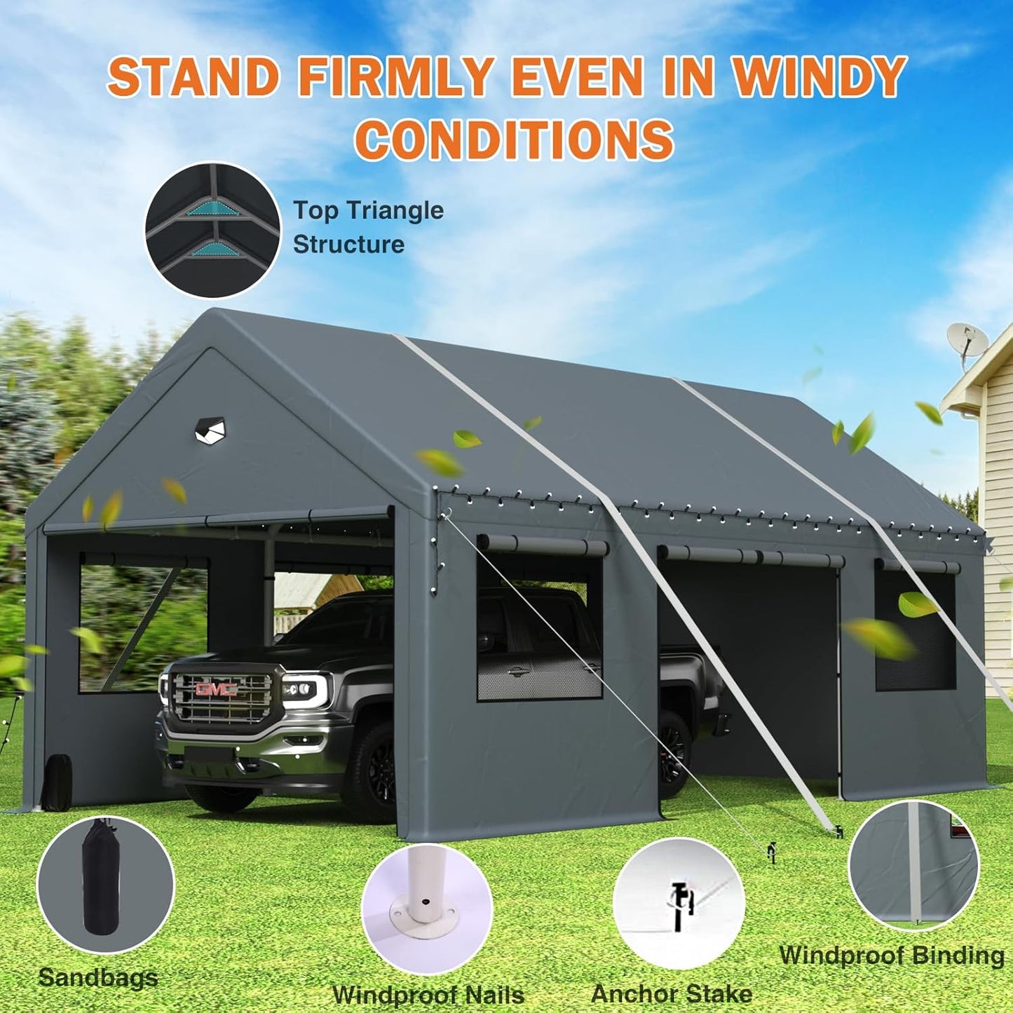 Carports 10X16 Heavy Duty，Portable Car Port Garage，Carport Canopy with Side Doors，Outdoor Car Shelter All Weather,Grey