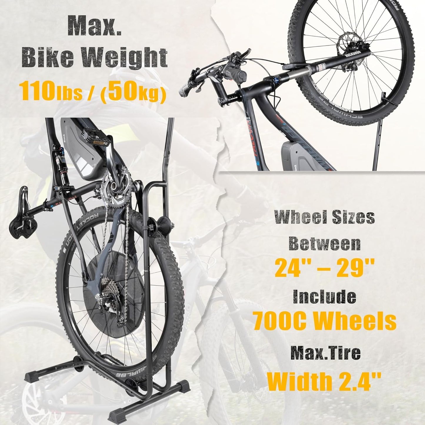 CyclingDeal Upright Bike Stand - Premium Quality Vertical & Horizontal Adjustable Bicycle Floor Parking Rack - for Storing MTB Road Bikes - up to 29” Wheel Size - for E Bike - 1 Bike