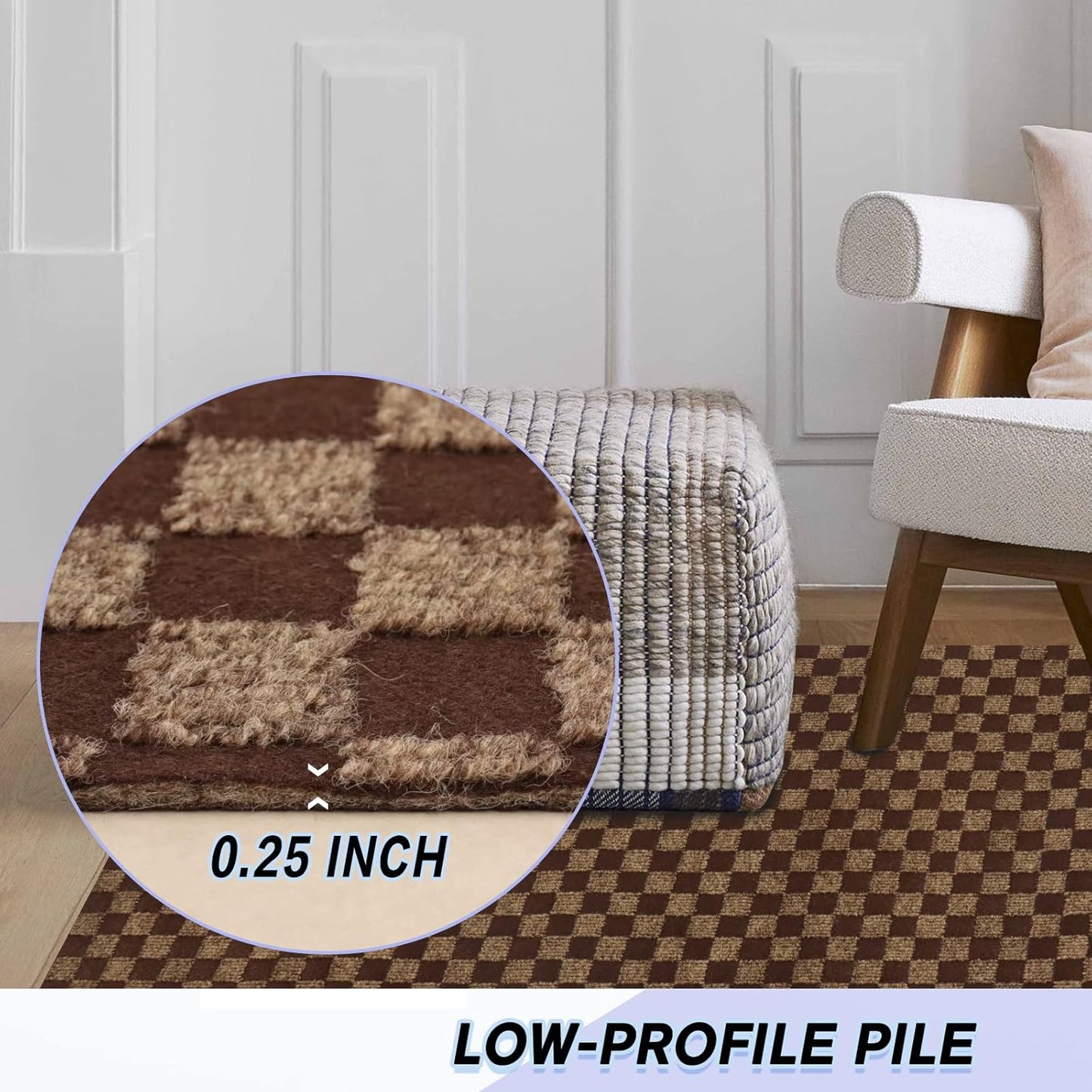 Custom Size Backed Non-Slip Area Rugs Runner, Easy Clean, Waterproof Runner Rugs for Hallway Entryway, Kitchen, Laundry, 4FT x 8FT, Brown Checkered