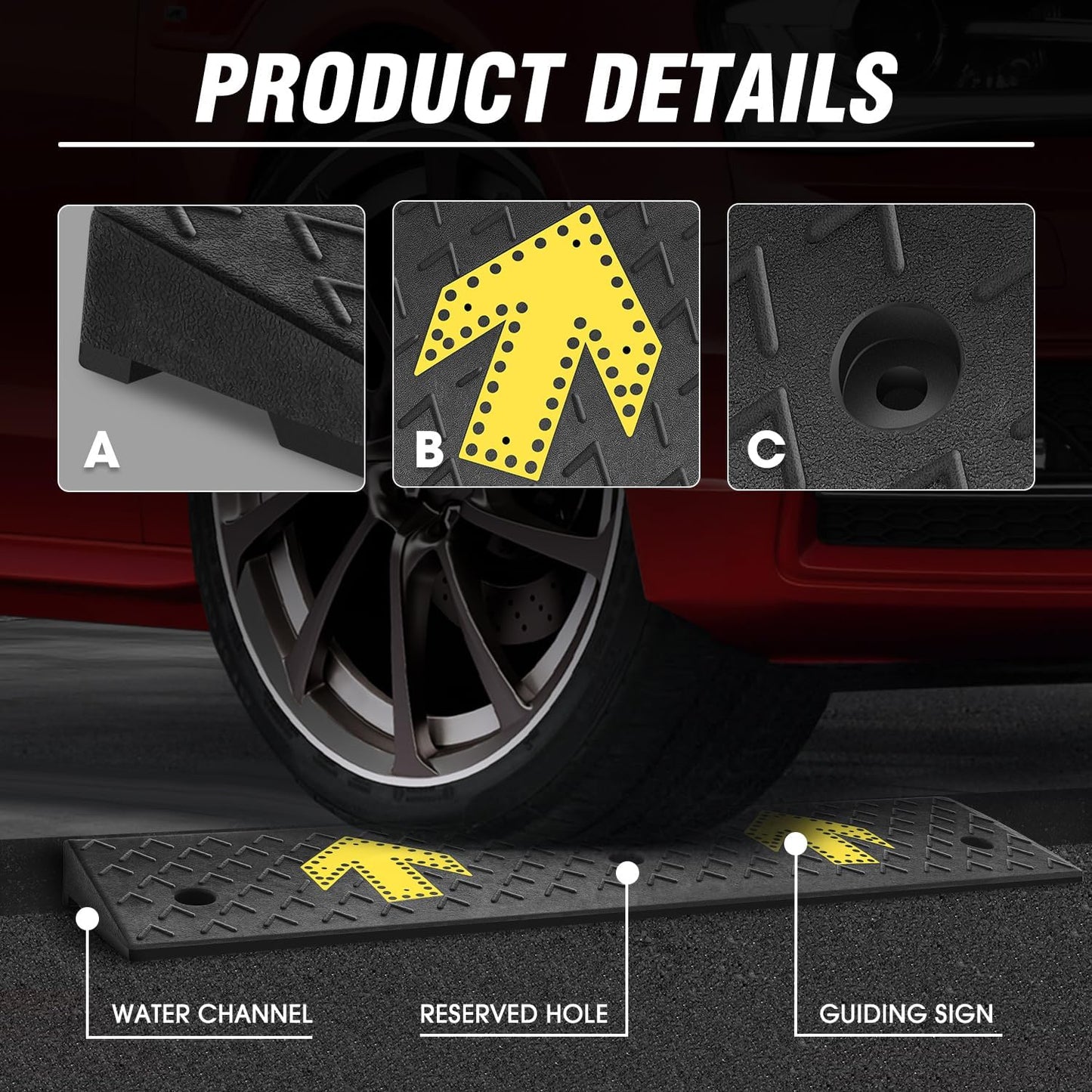 DNA MOTORING 2pcs 2.2" Rise Rubber Arrow Curb Ramp Heavy Duty Loading Driveway Ramps Threshold Ramp 37.2in L x 9.1in W x 2.2in H for Loading Dock, Warehouse, Wheelchair, Motorcycles, Cars, TOOLS-00648