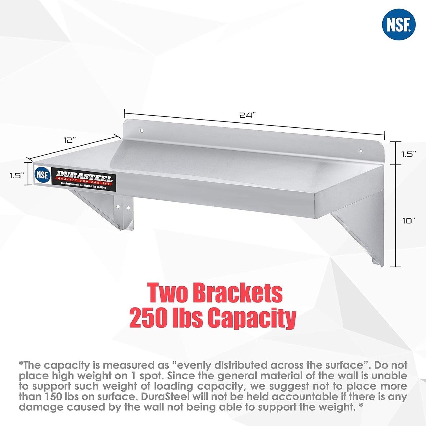 DuraSteel Stainless Steel Wall Shelf - 24" Wide x 12" Deep Commercial Grade - NSF Certified - Industrial Appliance Equipment (Restaurant, Bar, Home, Kitchen, Laundry, Garage and Utility Room)