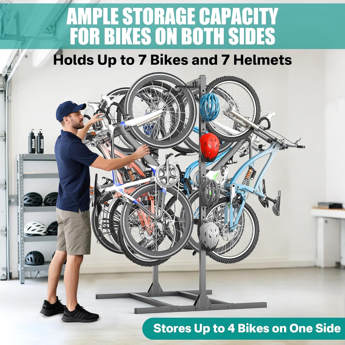 EVERHANGER Freestanding Bike Stand Rack with Adjustable Hooks, Vertical Bike Stand for Garage, Bicycle Storage Organizer, Holds Up to 7 Bikes & 7 Helmets