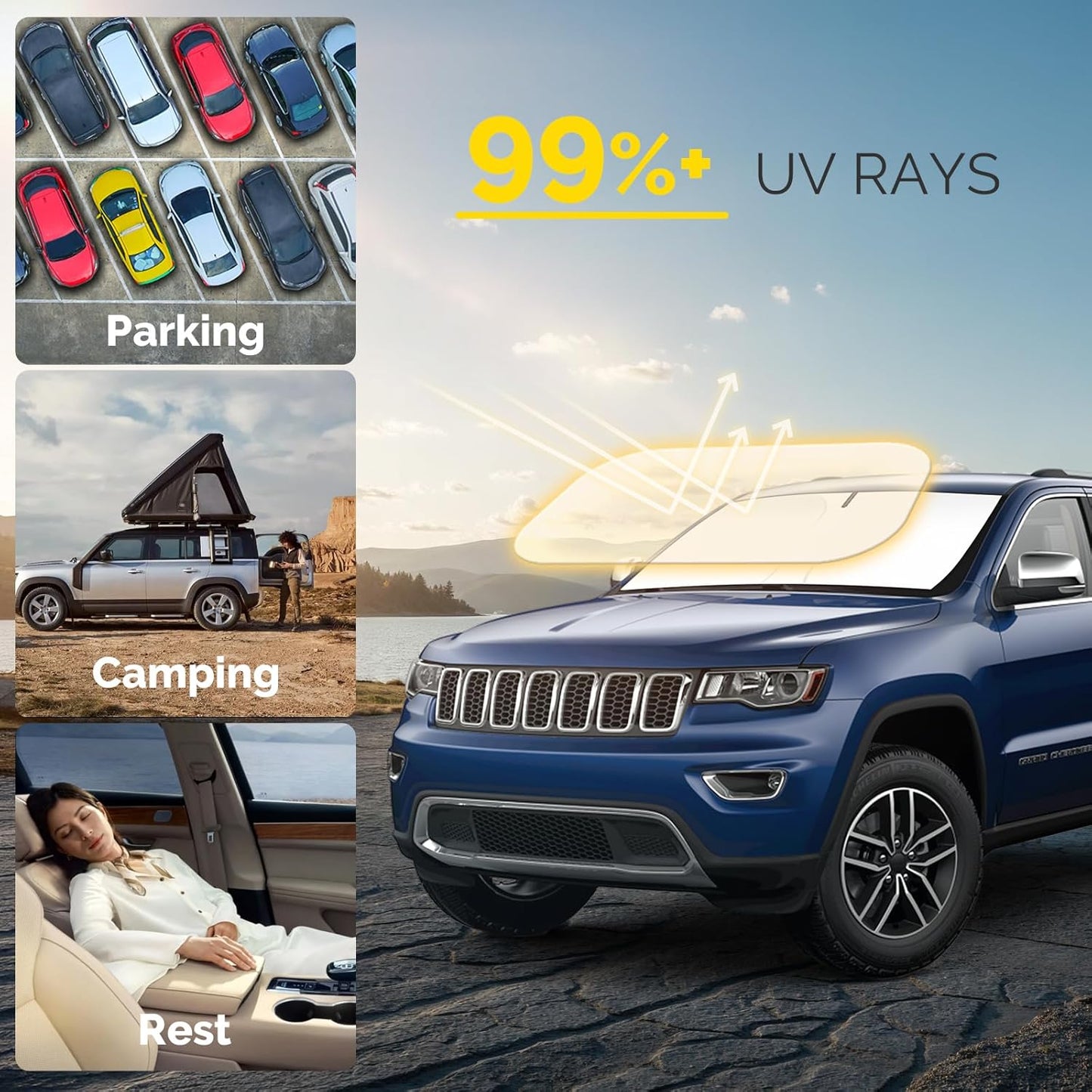 Car Windshield Sun Shade Compatible with 2014-2024 2025 Jeep Grand Cherokee Accessories Foldable Front Window Sunshade Custom Windshield Sun Visor