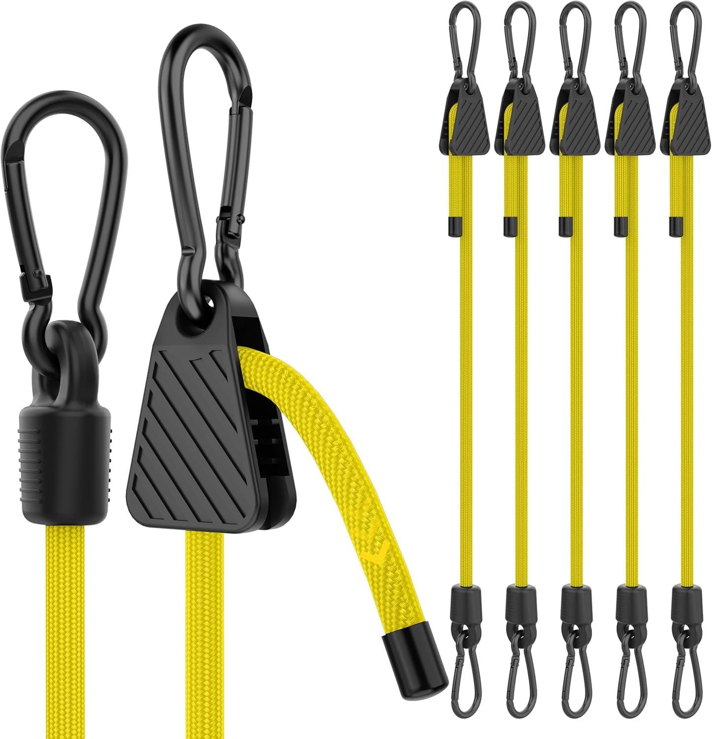 Bungee Cords with Hooks, 48 Inch Adjustable Yellow Bungee Cords with Carabiner Heavy Duty Outdoor, 8mm Thick Easy to Adjust Bungee Rope UV Resistant for Truck Bed, Bike Rack, Camping, 6 Pack