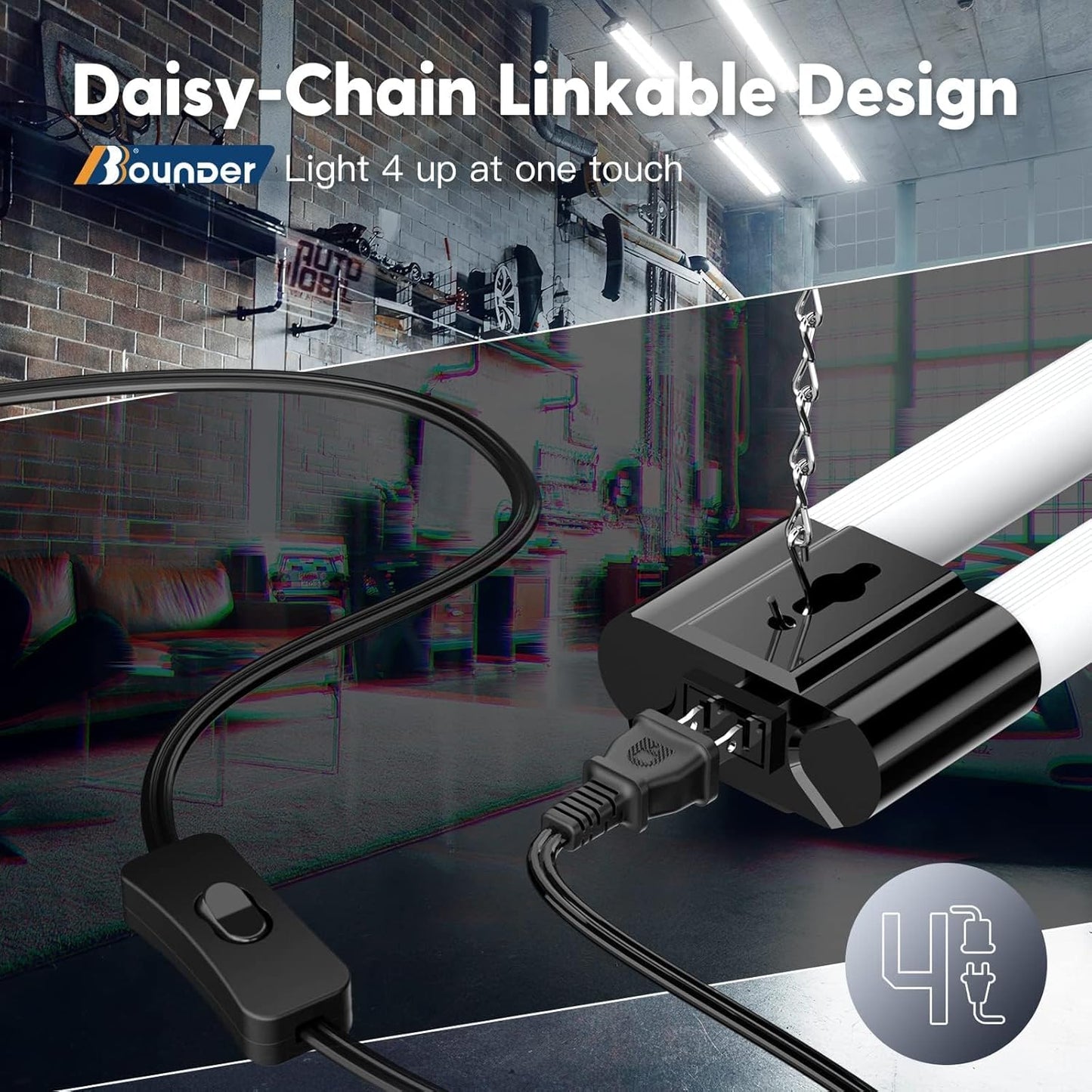 BBOUNDER 10 Pack Linkable LED Utility Shop Light, 4400 LM, 6500K Cool Daylight, 4 FT Integrated Fixture for Garage, 40W Equivalent 250W, Surface + Suspension Mount, Black