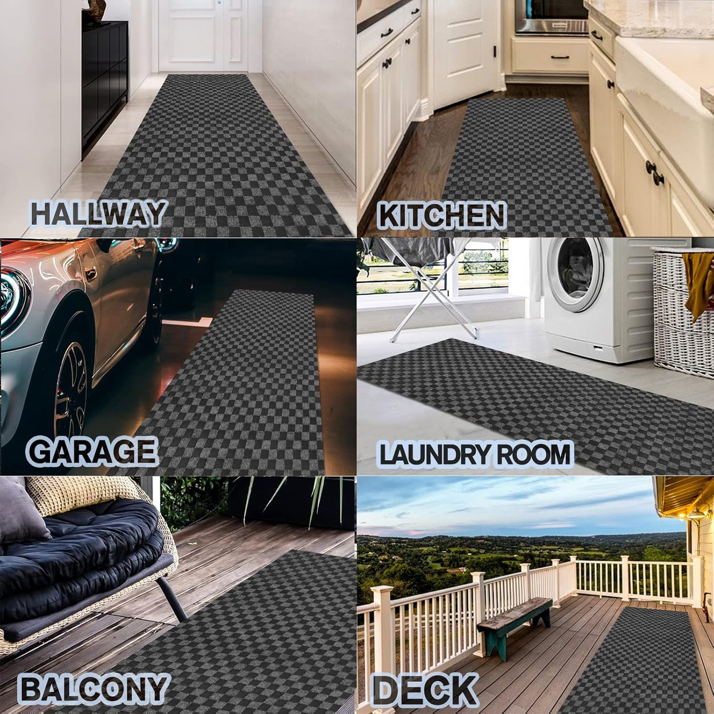 Custom Size Backed Non-Slip Area Rugs Runner, Easy Clean, Waterproof Runner Rugs for Hallway Entryway, Kitchen, Laundry, 4FT x 47FT, Gray Checkered