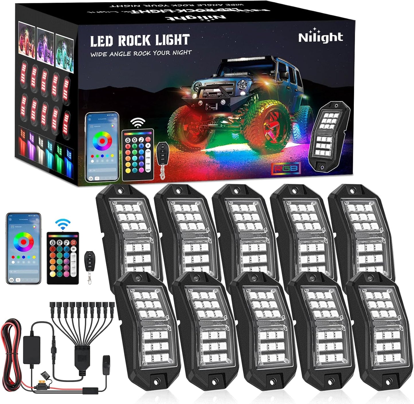 Nilight RGB LED Rock Lights Kit 10 PCS 18LED Wide Angle Wheel Well Light with Remote & Bluetooth App Dual Control Multi Modes Underglow Multicolor Neon Pod for ATV UTV SUV Offroad Truck RZR Boat