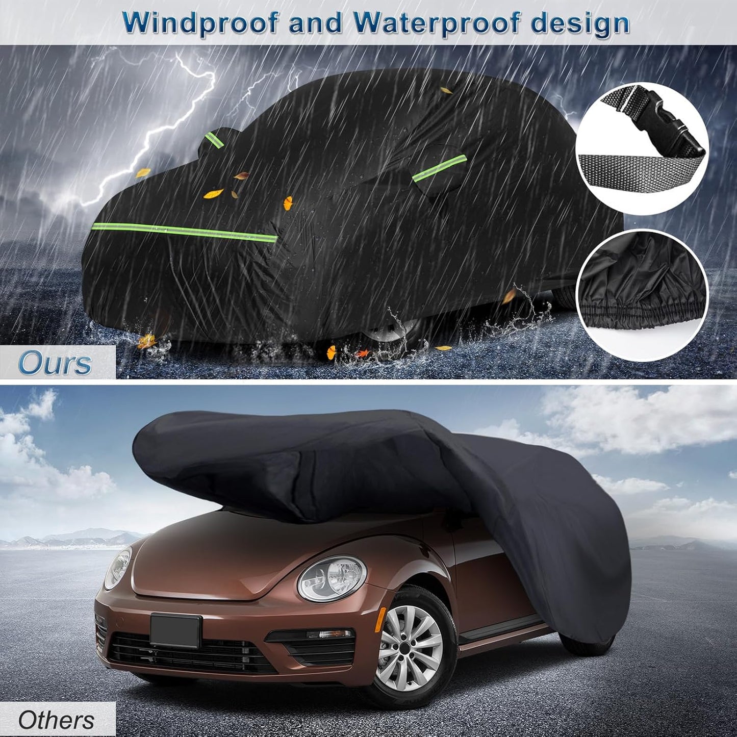 for New Beetle Car Cover Waterproof All Weather Heavy Duty Protection Outdoor Light Shell Full Car Covers Windproof with Driver Side Zipper Compatible with 1998-2025 Volkswagen New Beetle(Up to 194")