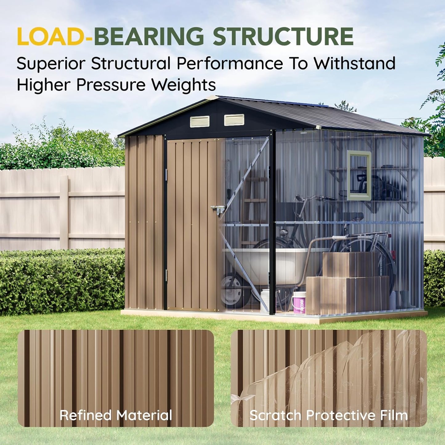 Breezz 6X8FT Outdoor Steel Storage Shed with Clear Window, Lockable Doors, Weather-Resistant Metal Tool Shed for Garden, Backyard, Patio, and Utility Storage.Brown