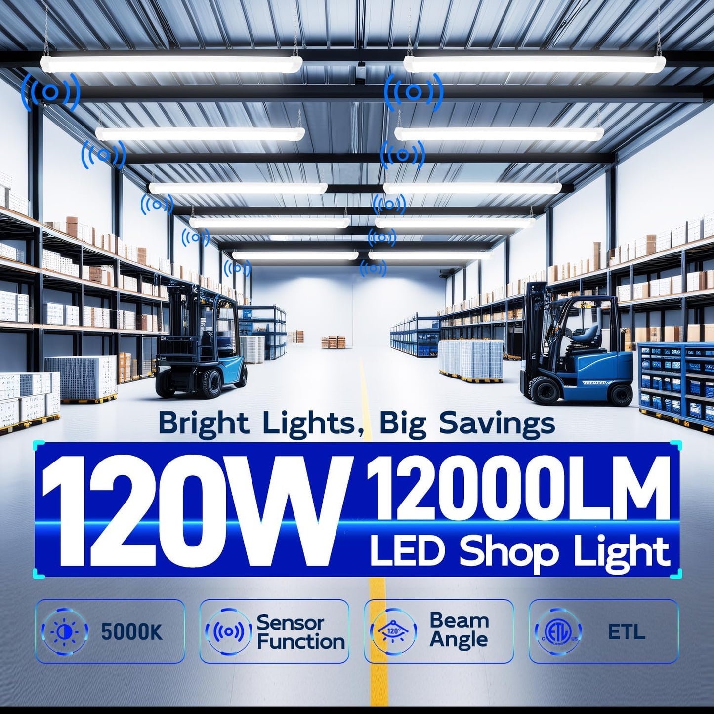 hykolity Pir Sensor 4FT 120W LED Shop Light, 12000lm(370w Equivalent), 5000K Daylight, Motion Activated, Hanging or FlushMount, with Power Cord, for Garages, Workshops, ETL, 2 Pack