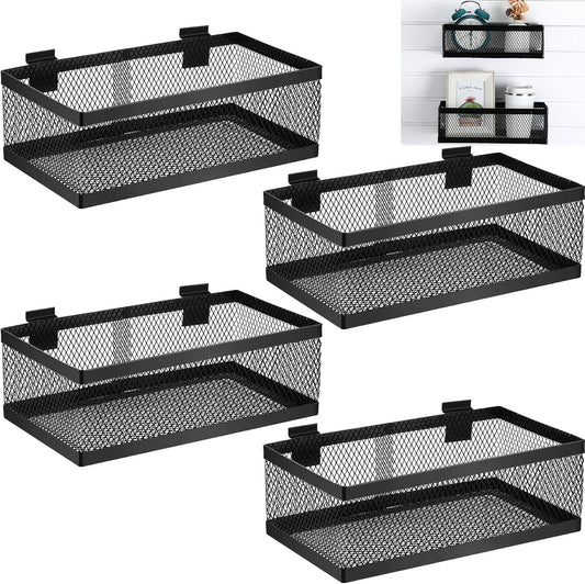 Coume 4 Pcs Black Slatwall Baskets 4 Size Metal Mesh Wire Basket for Slatwall Panels Ventilated Wall Mounted Hanging Accessories for Home Garage Retail Store Display Organizing(13.5 x 7.5 x 4.5 Inch)
