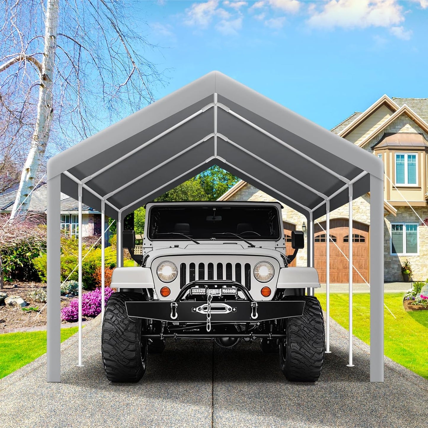 COBIZI Carport Canopy 12x20 Heavy Duty Car Tent Garage, Galvanized Frame Car Canopy Outdoor Shelter Waterproof & UV Protected with Built-in Sandbags & All-Season Tarp for Car Boat Truck, Gray