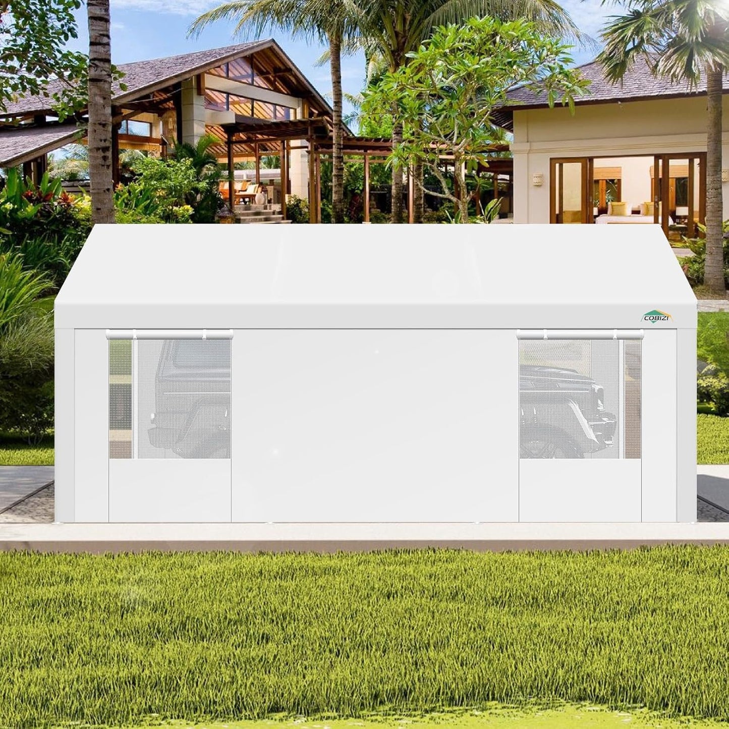 COBIZI Carport 12x20ft Heavy Duty Portable Garage, 2.0 Powder Coated Frame(Better Than Galvanized), Waterproof Shelter with Removable Sidewalls & Windows, Built-in Sandbags, for Car/Boat/SUV, White