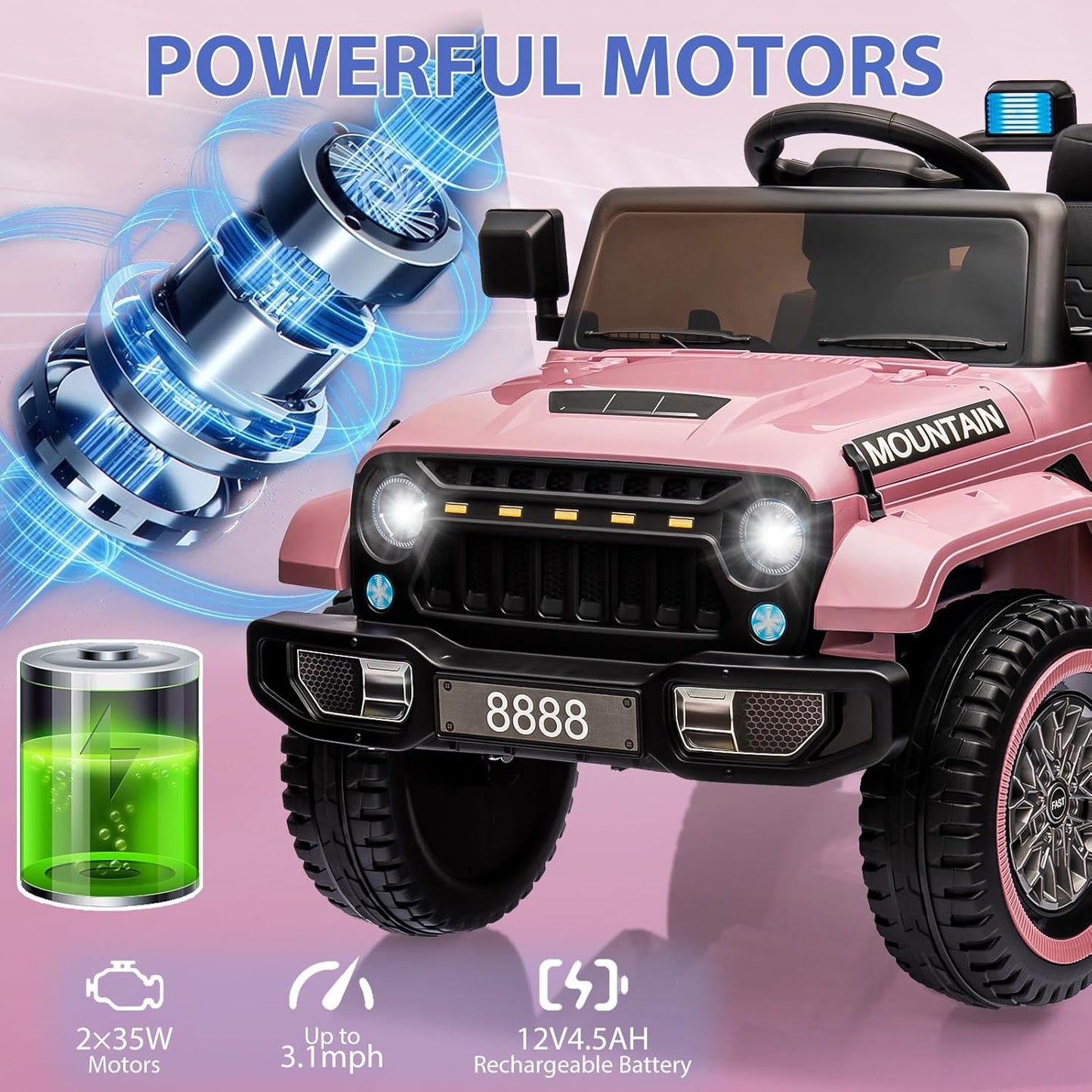 12V Kids Ride on Truck Car, 4 Wheeler Electric Vehicles with Remote Control, Spring Suspension, 3 Speeds, LED Lights, Music, MP3, Battery Powered Ride on Toy Gift for Boys Girls, Light Pink