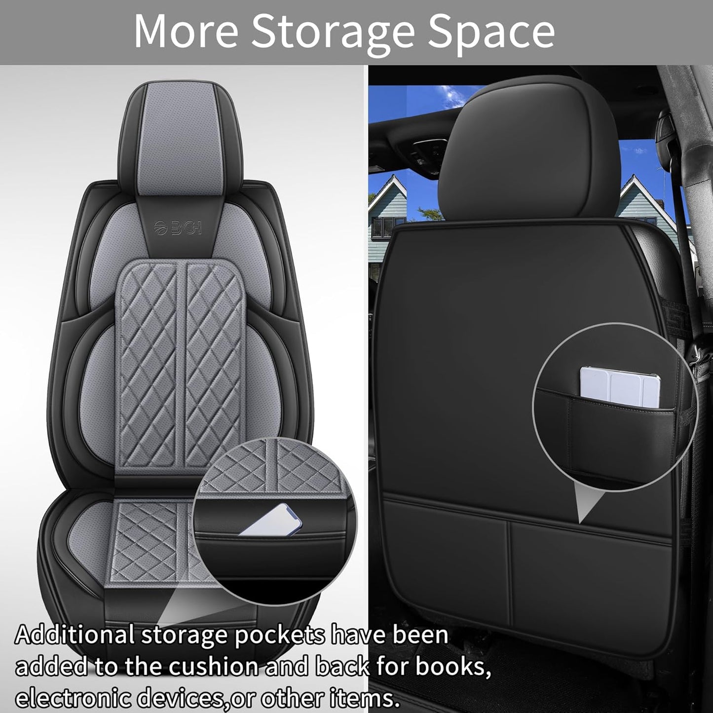 Car Seat Cover Custom Fit for Dodge Ram 1500 2500 3500 2002-2024 Faux Leather Seat Cover Set Compatible with Crew Quad Regular Cab Pickup Truck Cushions (Black & Grey, Front Seat)