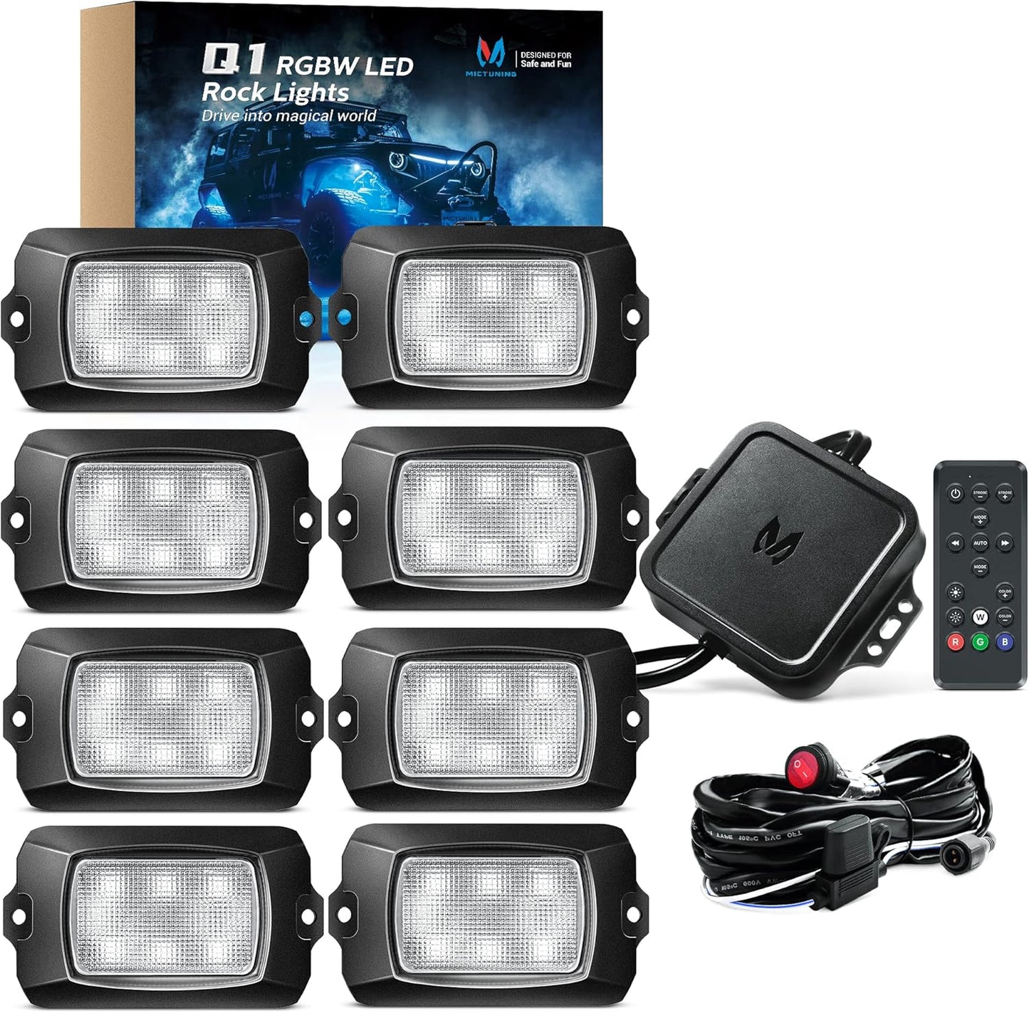 MICTUNING Q1 RGBW Rock Lights, 8 Pods Pure Color Underglow Neon Multicolor Lighting with Wiring Switch Kit, Bluetooth Controller, Remote Control, Music Mode for Trucks Car ATV UTV Golf Cart