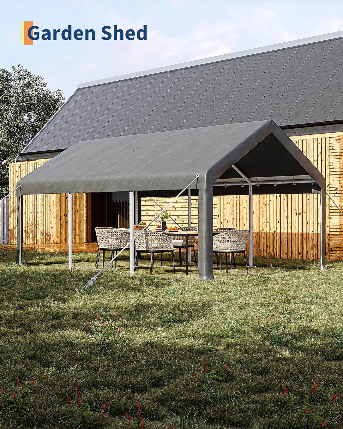 10x20 Ft Carport, Car Port with 200g PE Tarp, Roll-Up Doors, and 4 Windows, for Sedans, Bass Boats, Motos, ATVs, and SUVs, Gray