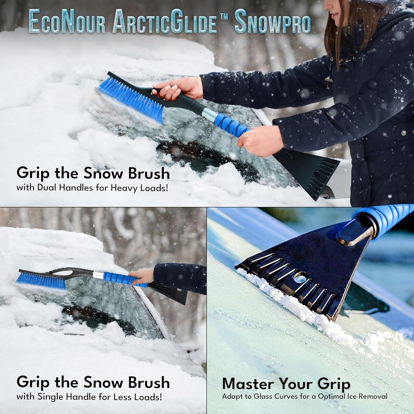 EcoNour 27" Aluminum Car Snow Scraper and Brush (Orange, Red & Blue) | Weaved Bristle Head with Metal Body Ice Scraper for Car Windshield | Tough Ice Scraper with Foam Grip Winter Accessory | 3 Pack