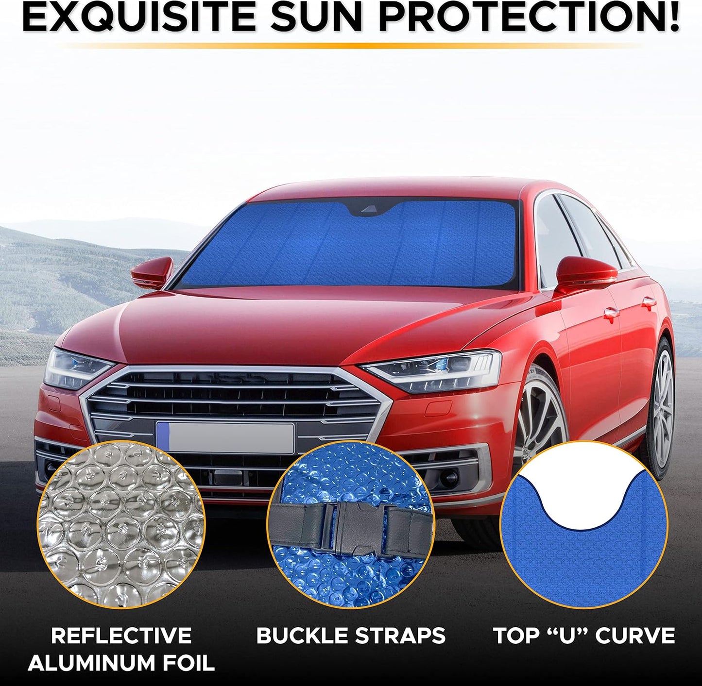 EcoNour Accordion Car Windshield Sun Shade (Blue) | Reflective Car Window Shades for Front Window | Sun Visor Blocks Heat & UV Rays | Controls Interior Temperature | 58 x 28 Inches