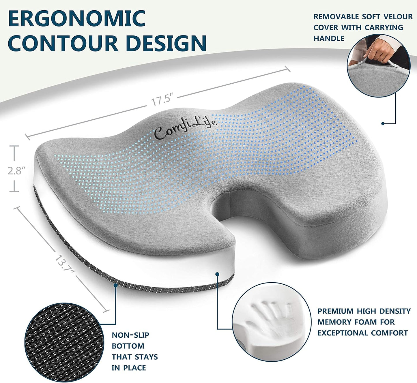 ComfiLife Premium Comfort Seat Cushion - Non-Slip Orthopedic 100% Memory Foam Coccyx Cushion for Tailbone Pain - Cushion for Office Chair Car Seat - Back Pain & Sciatica Relief (Gray)