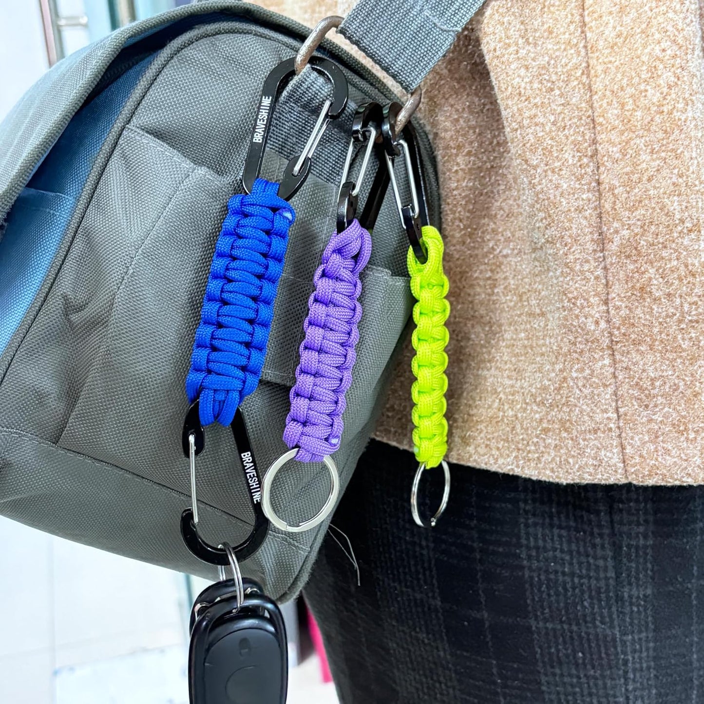 BRAVESHINE Paracord Keychain Carabiner Clip, D Ring Lanyard Hanger Stroller Hook for Water Bottle, Key, Backpacks, Men, Women