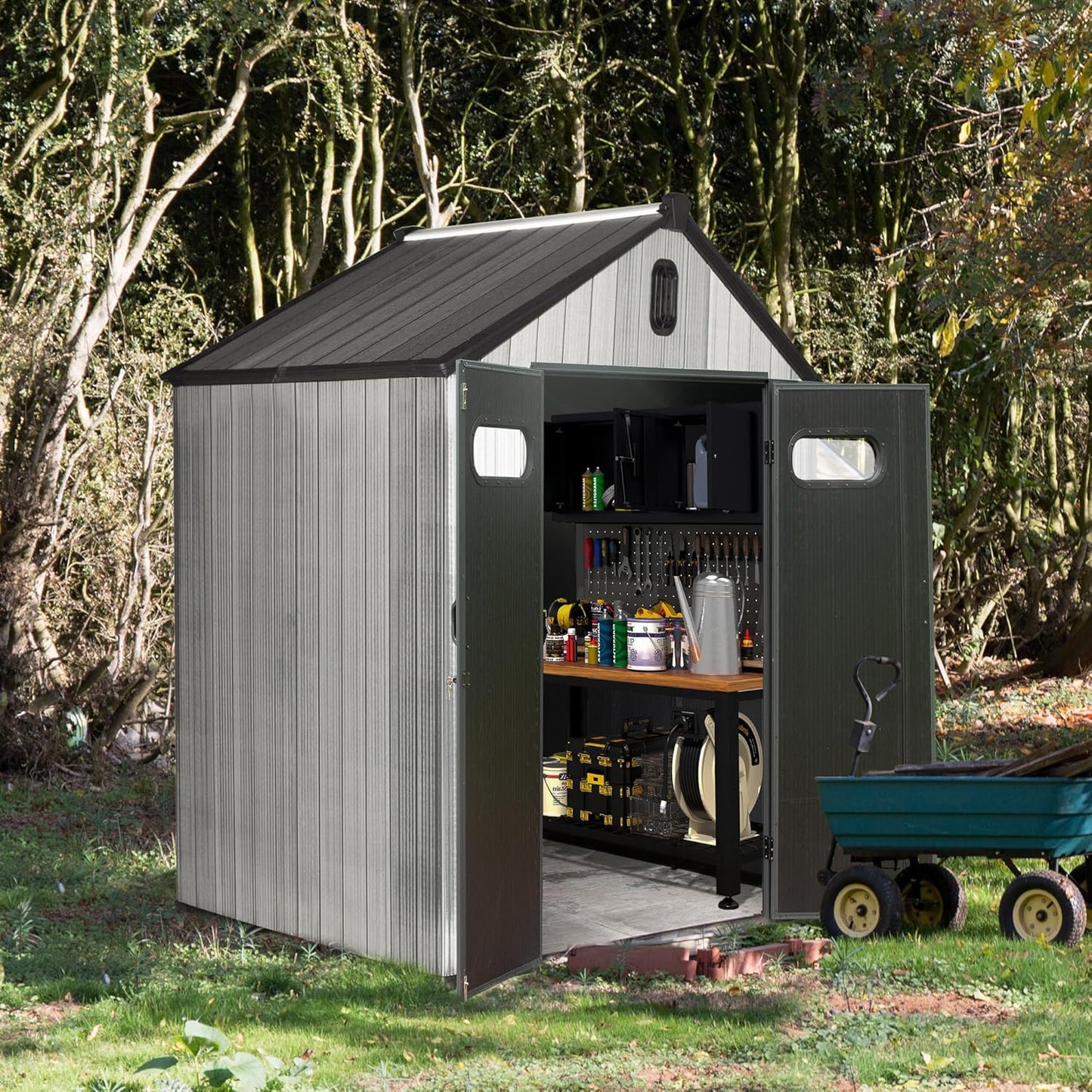 Domi 6x4 FT Outdoor Resin Storage Shed, All-Weather Double-Wall Storage Building for Backyard, Garden, Lawn Tools, Mower, Bike & Pool Equipment, Lockable Doors, Ventilated Roof, Grey
