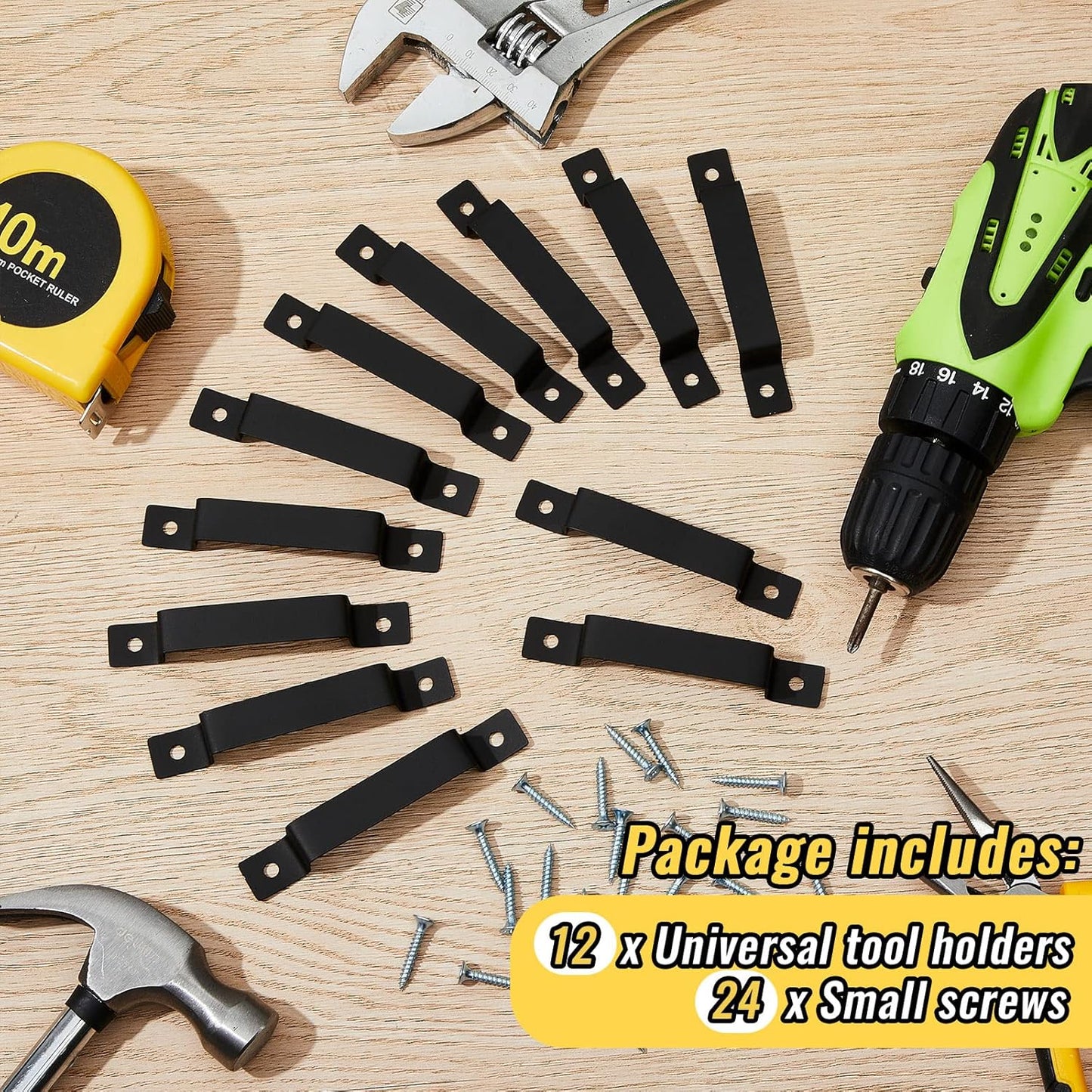 12 Pcs Tape Measure Clip Tape Measure Holder Bench Belt Universal Tool with Screws Stainless Steel Tool Hanger Storage Dock for Mount Drill Power Measures and Belt Clips (Black)