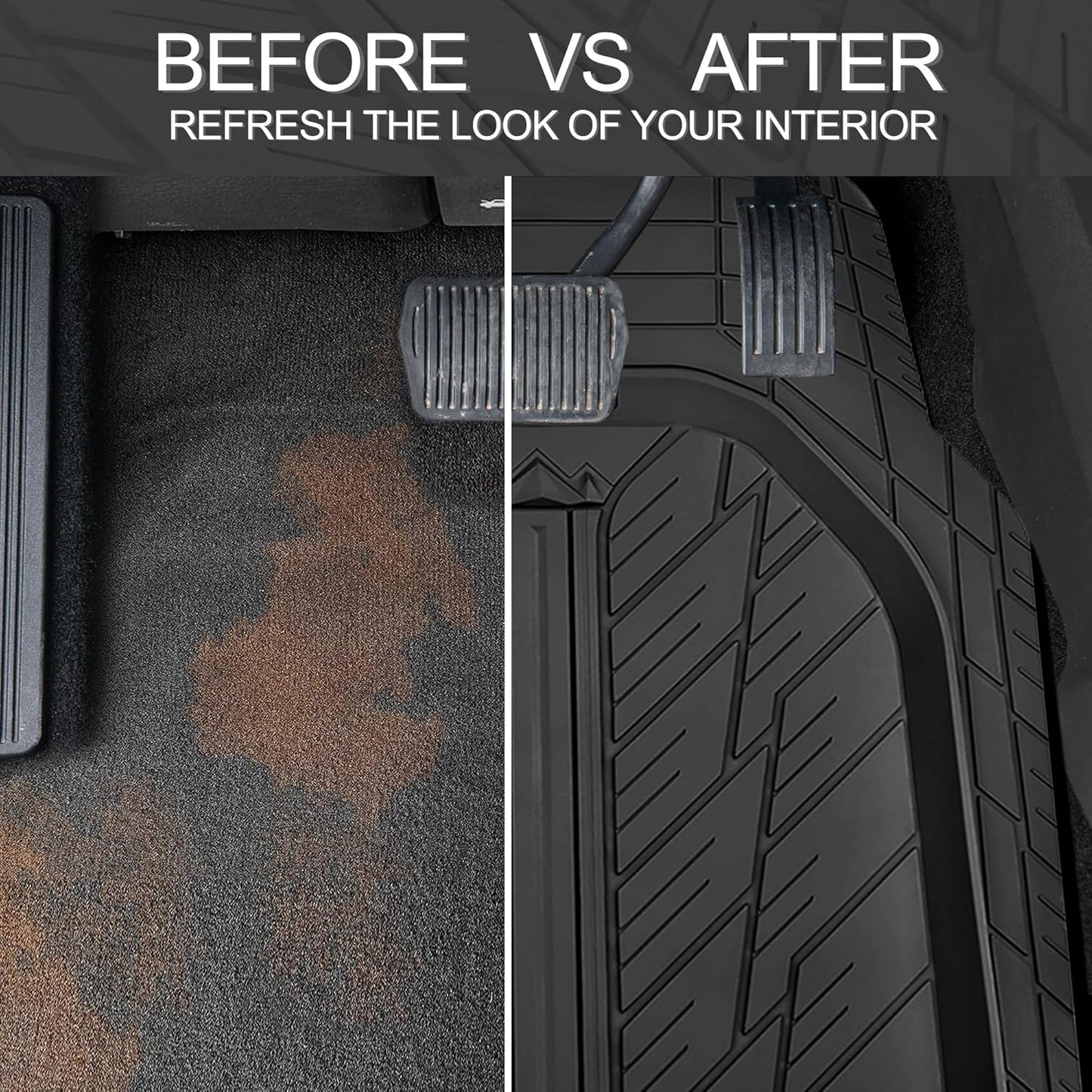 CAR PASS Leather Rubber Steering Wheel Cover 14 1/2” -15”,Tire Tread Pattern Design,Non-Slip Wear-Resistant, Heavy Duty Deep-Dish Car Floor Mats, Trim-to-Fit Car Mat,Fit for Steering Wheel Black