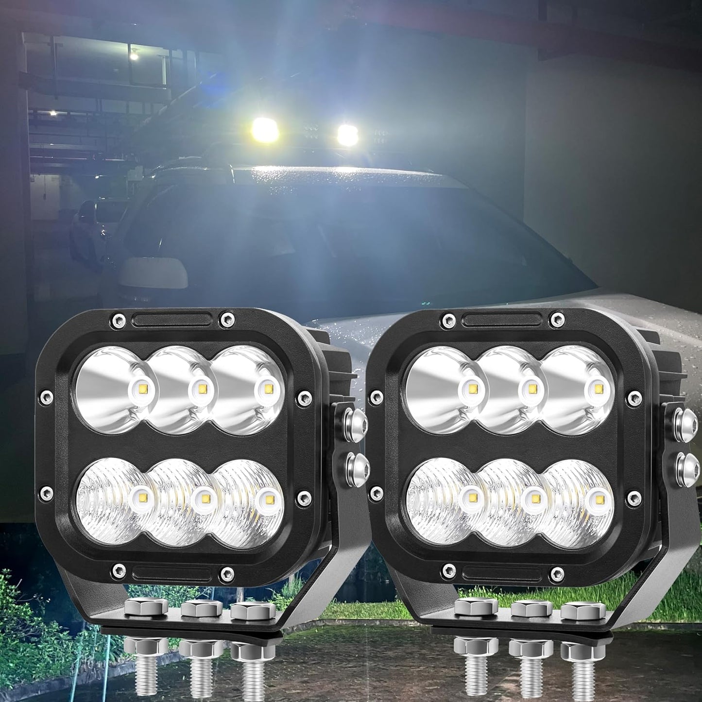 Cube LED Off Road Lights, 5 Inch 120W 10000lm IP68 LED Driving Lights Pods, Ultra Bright Square Combo Beam for Car Boat ATV UTV RV Golf Cart Pickup Tractor Work Lights 12V 24V, Pair