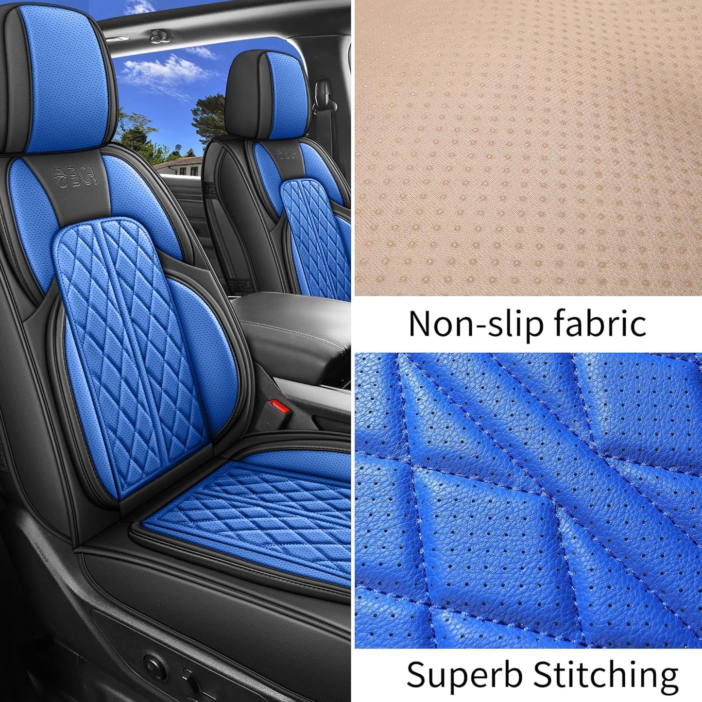 Car Seat Cover Custom Fit for Dodge Ram 1500 2500 3500 2002-2024 Faux Leather Seat Cover Set Compatible with Crew Quad Regular Cab Pickup Truck Cushions (Black & Blue, Front Seat)