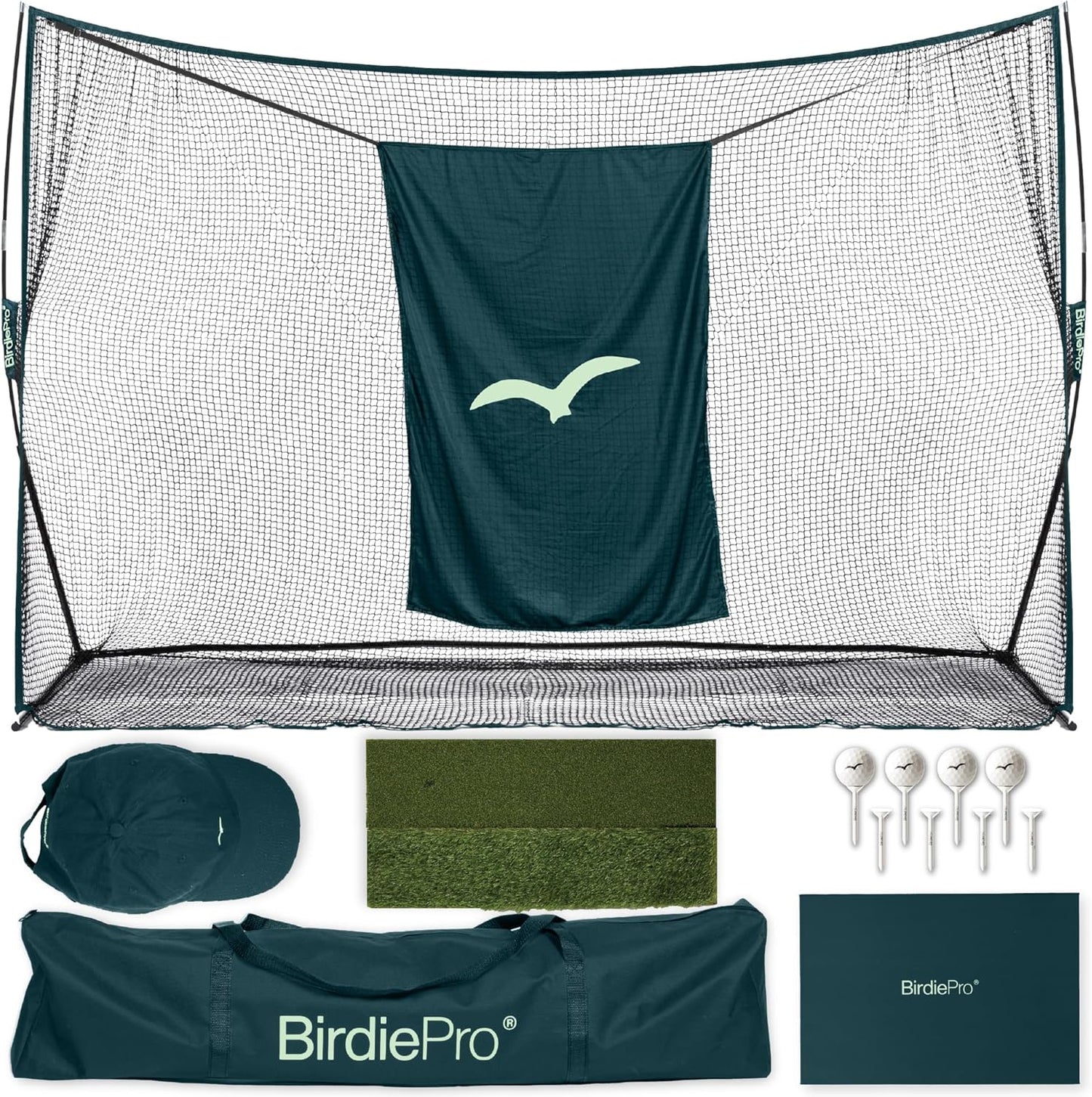 BirdiePro® - American Pro Golf Practice Net – 10x7ft Heavy Duty Golf Hitting Net with EchoShield™ Target & FlexWeave™ Net - Indoor Outdoor Training Backyard, Garage Complete Set with Mat, Balls & Cap