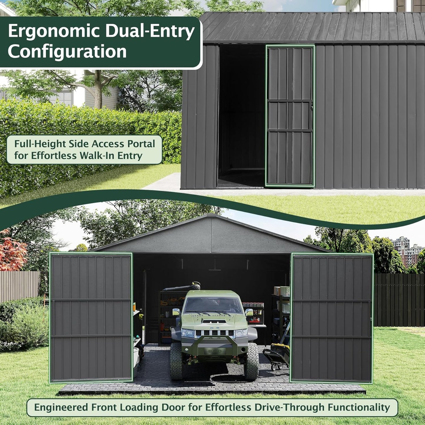 Domi 12'x25' Outdoor Metal Garage Shed, Weatherproof Enclosed Carport with Sidewalls & 2 Lockable Doors, Extra Large Backyard Storage Shed for Car, Truck,Lawn Mower, 80MPH Wind Resistance, Dark Grey