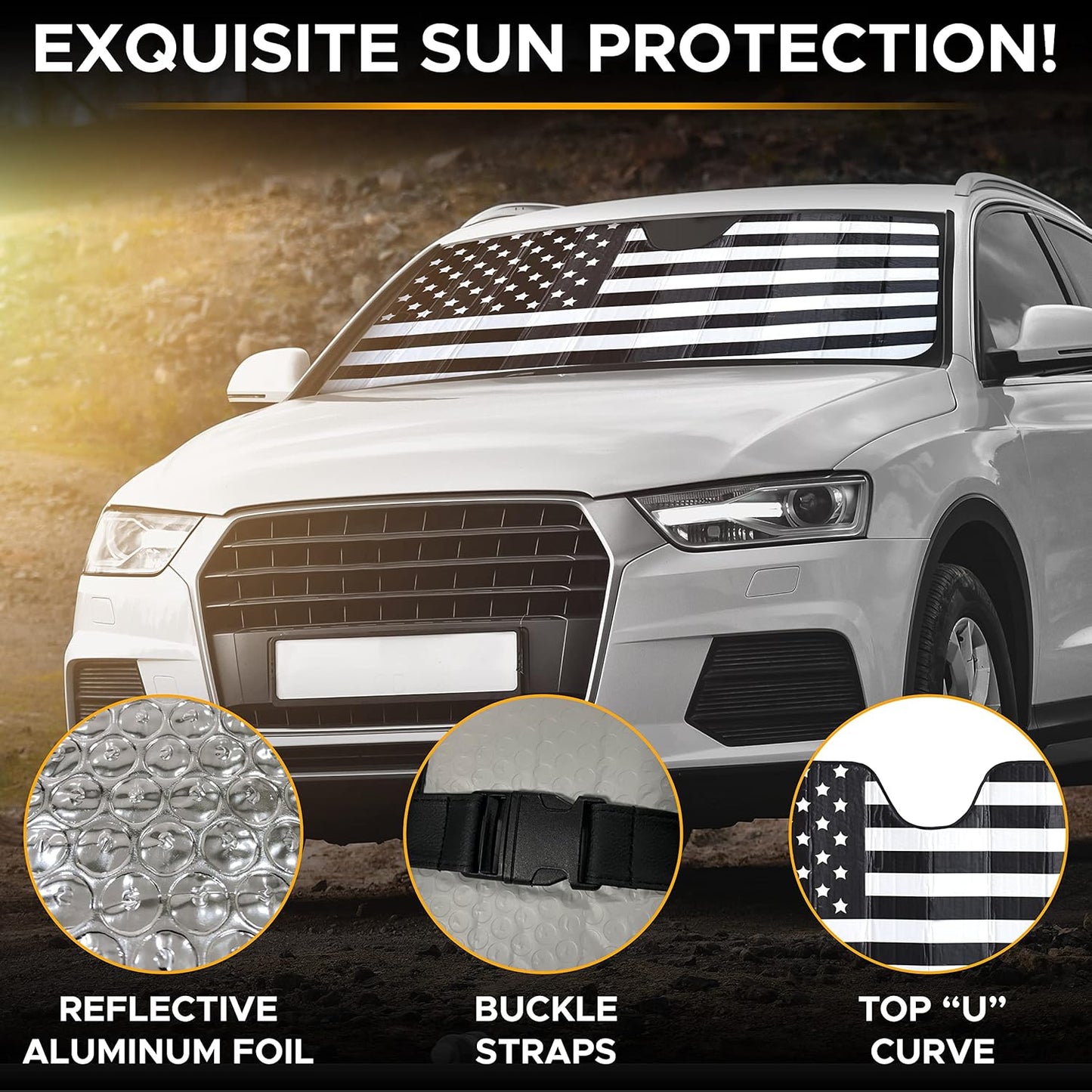 EcoNour Accordion Car Windshield Sun Shade American Flag Design | Reflective Car Window Shades for UV Protection & Heat Block | Foldable Sun Shield for Front Window | 58 x 27.5 Inches