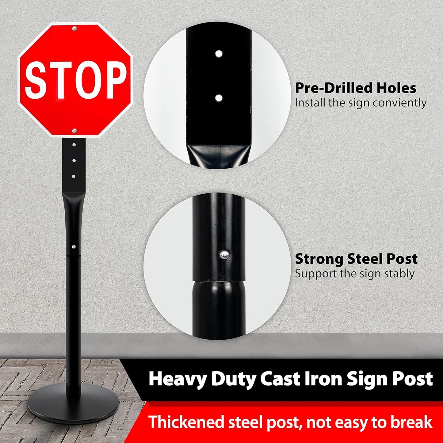 Heavy Duty Parking Sign Base Cast Iron 48" Parking Sign Post, Heavy Duty Cast Iron Sign Holder Base, Movable Sign Stand Suitable for Hanging Warning, Notice, Guiding Sign Display Stand (Black)