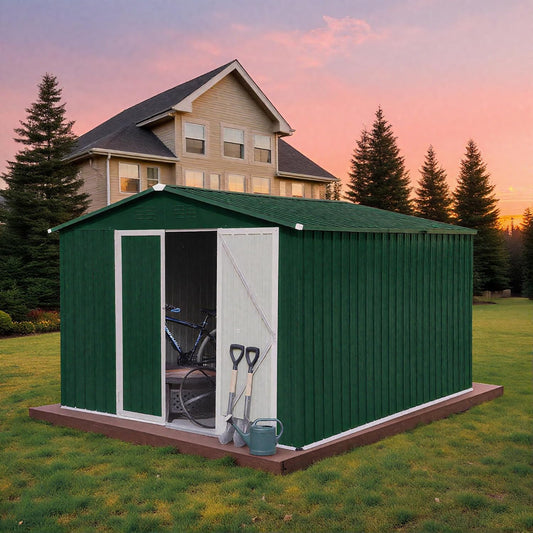 10 x 8 FT Outdoor Storage Shed, Metal Garden Tool Shed with Slooping Roof, Lockable Doors and Aluminum Frames, Easy to Assemble for Garden, Patio, Lawn, Green