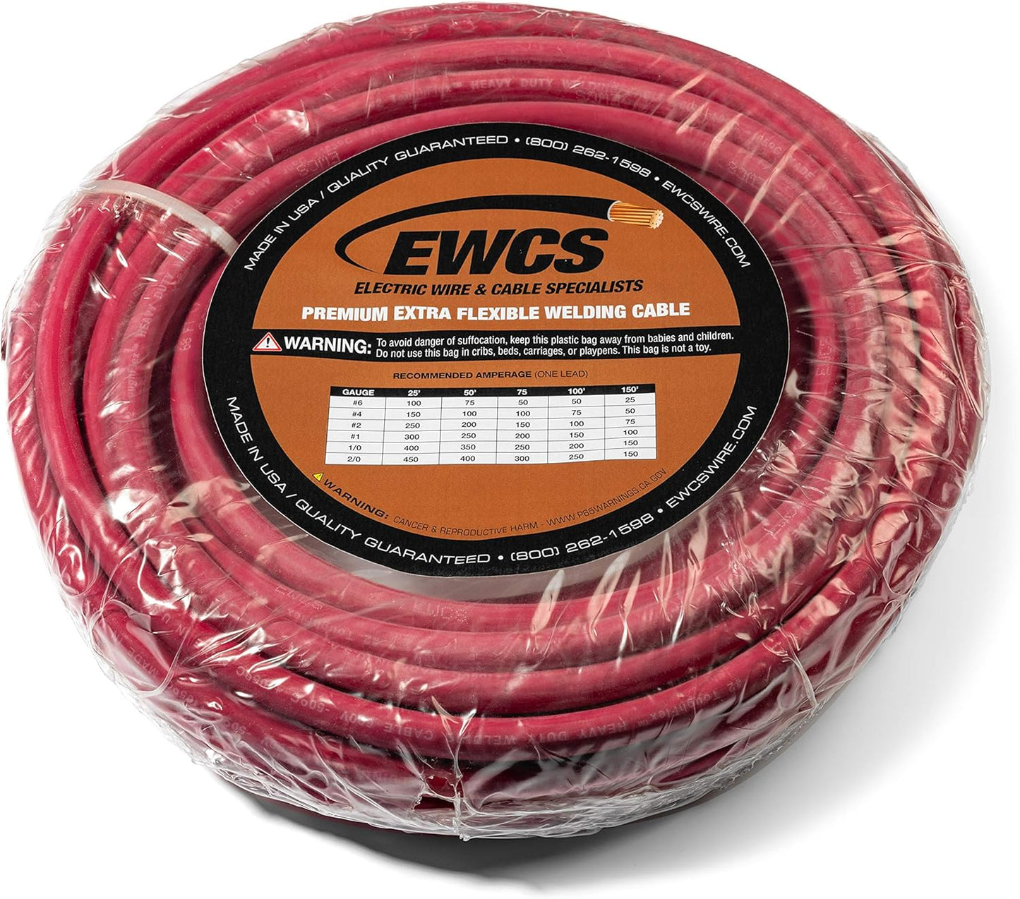 EWCS 2 Gauge Premium Extra Flexible Welding Cable 600 Volt - Red - 25 Feet - Made in The USA