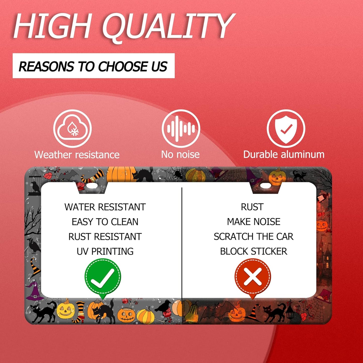 Halloween Pumpkin Cat License Plate Frame Bat Spider License Plate Holder Funny Stainless Steel Accessories Cars Decor with 2 Holes and Screws Fits Standard Us Ca Vehicles 12.2 X 6 Inch