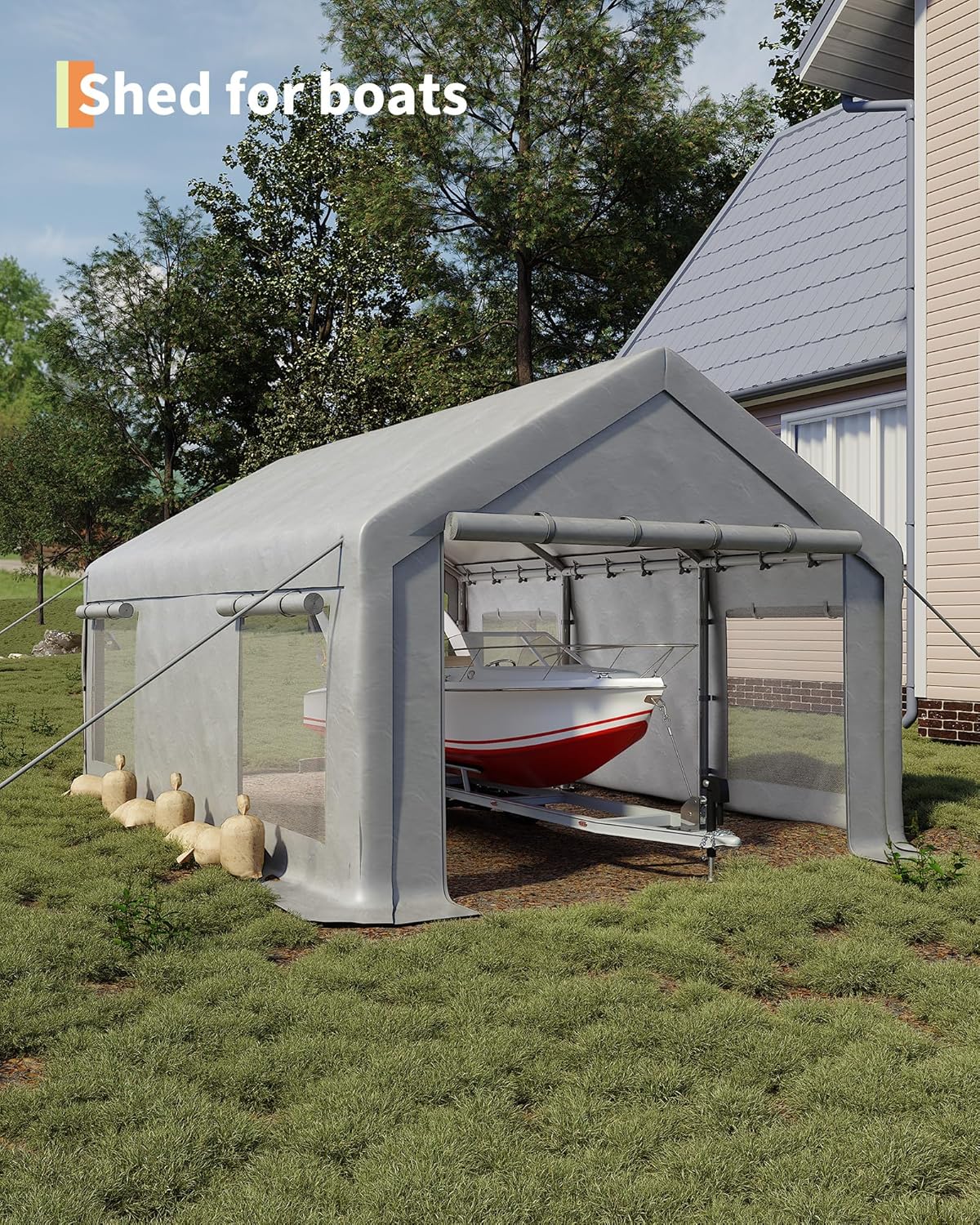 10x20 Ft Carport, Car Port with 200g PE Tarp, Roll-Up Doors, and 4 Windows, for Sedans, Bass Boats, Motos, ATVs, and SUVs, White